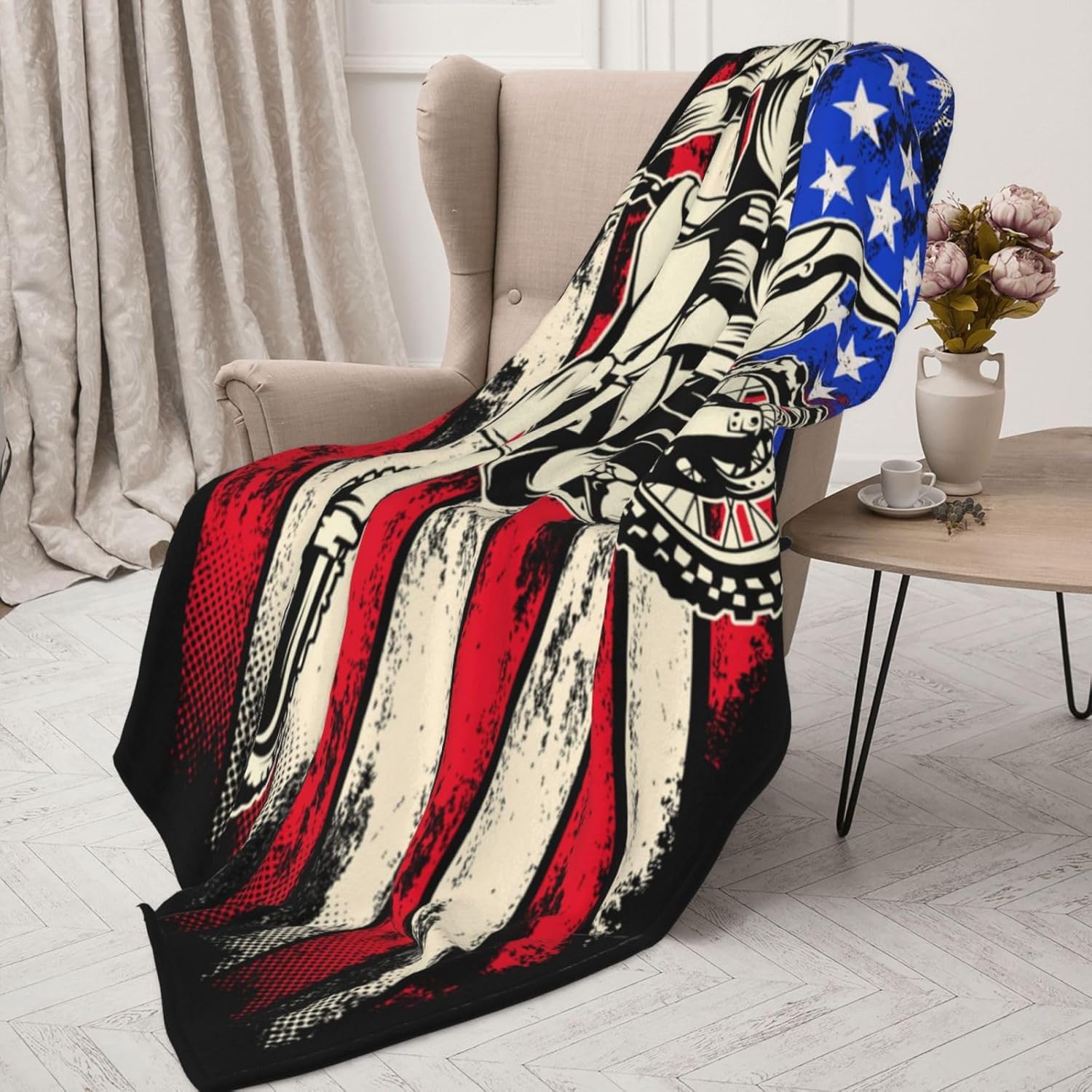 Manta de forro polar con bandera estadounidense de motocross para motocross, tamaño Queen, manta de cama suave, ligera, mullida y acogedora de