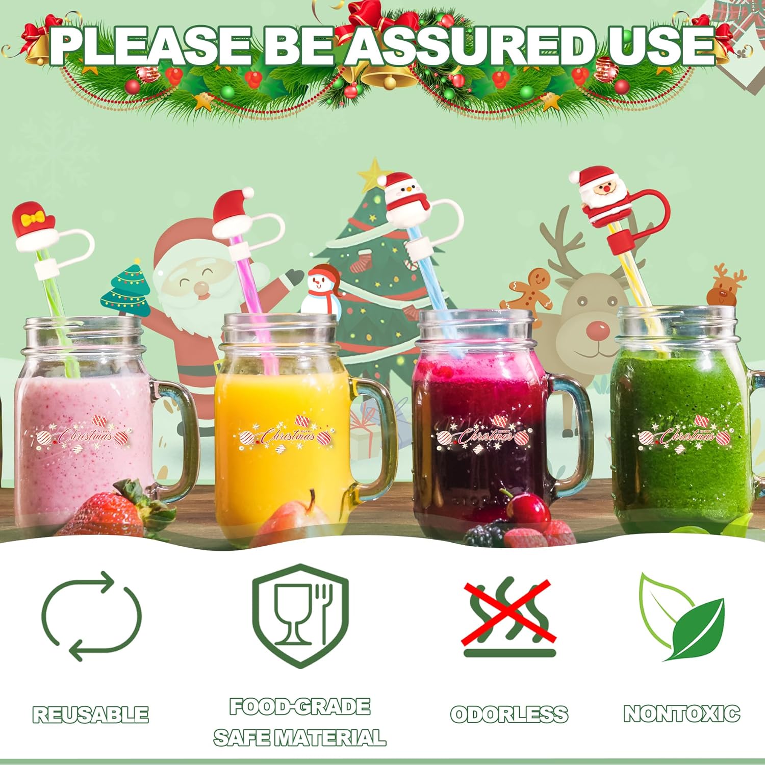 YUNAI 4 fundas de popote Stanley de Navidad, 0.39 pulgadas de silicona, bonitas tapas compatibles con vaso Stanley de 40 onzas, adornos de paja para
