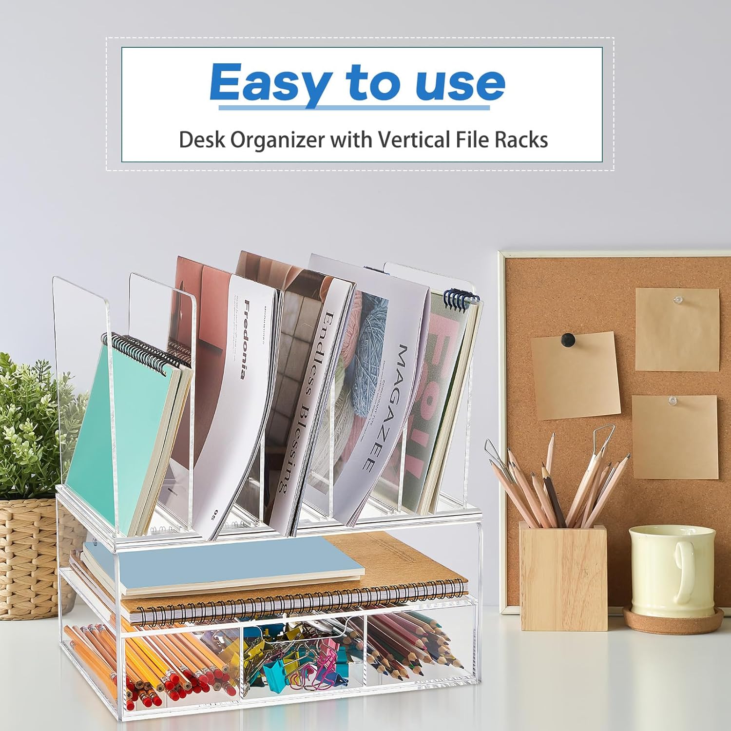 Yeaqee Organizador de escritorio de acrílico transparente y accesorios, organizador de archivos para escritorio con cajón deslizante, bandeja doble,