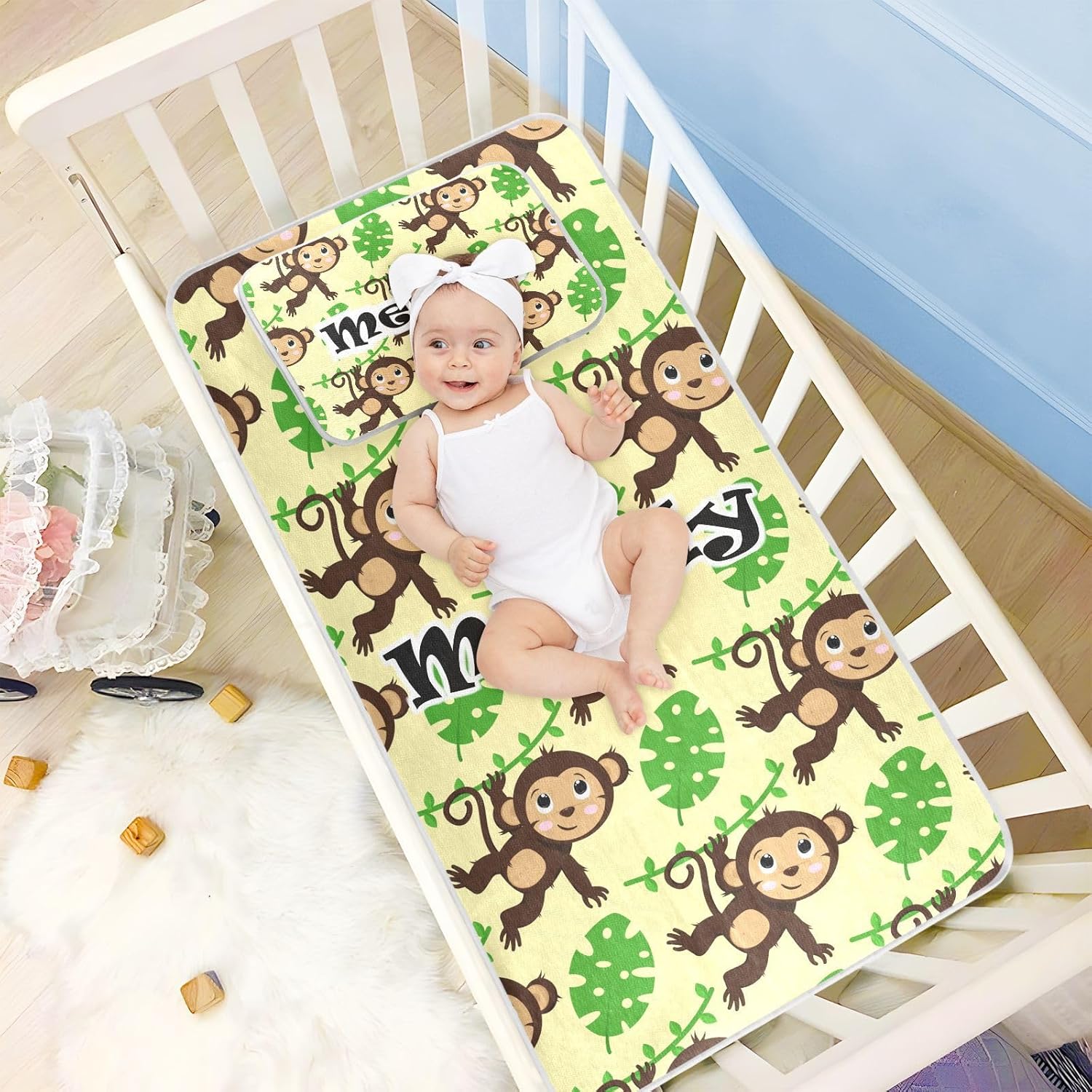 Custom Monkey Leaves Crib Mattress Protector Pad for Boys Girls Baby Ice Silk Mat Bed Toddler Mattress Sheets Cooling Mattress Topper for Newborn