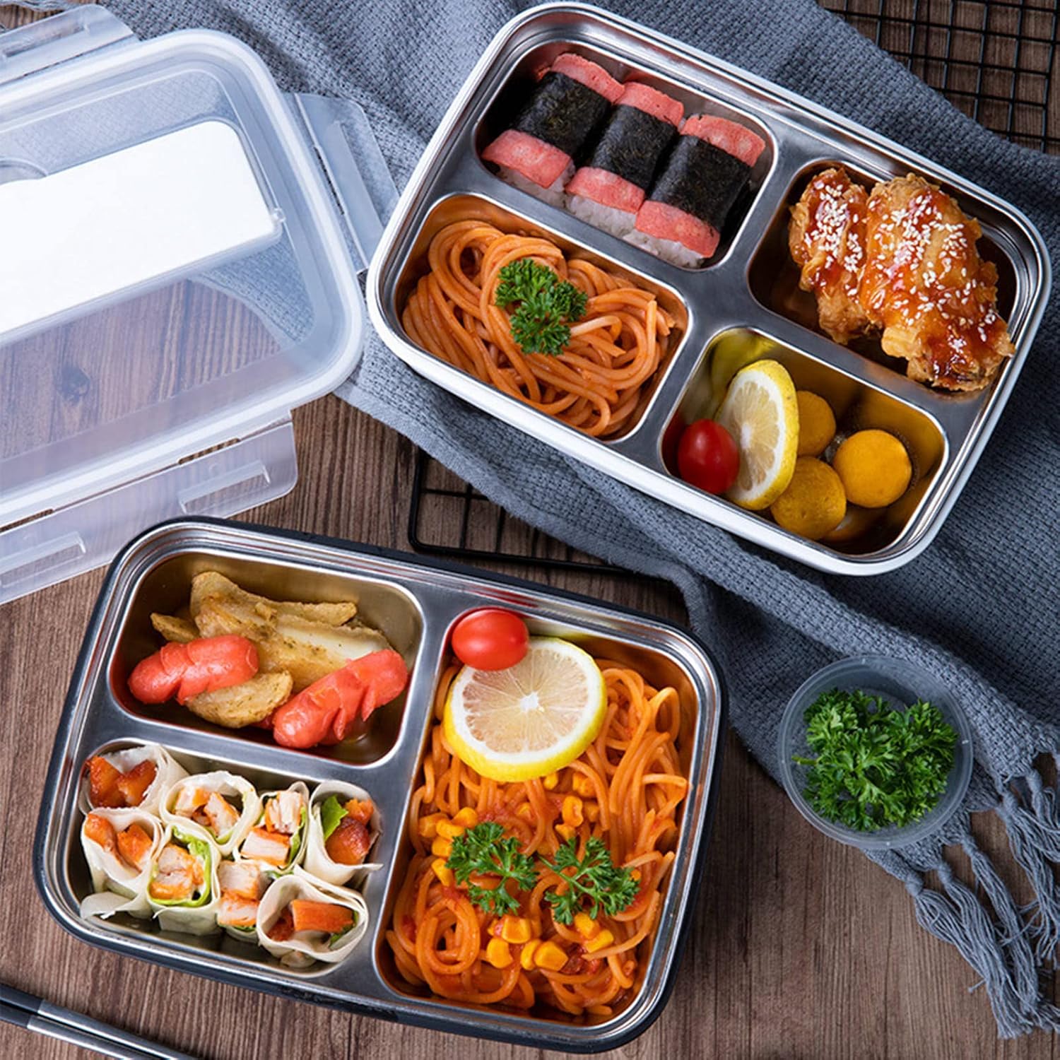 Niiyen Lonchera portátil de acero inoxidable 304 Bento Box Lunch Containers Caja de almacenamiento de alimentos con 4 compartimentos vajilla para