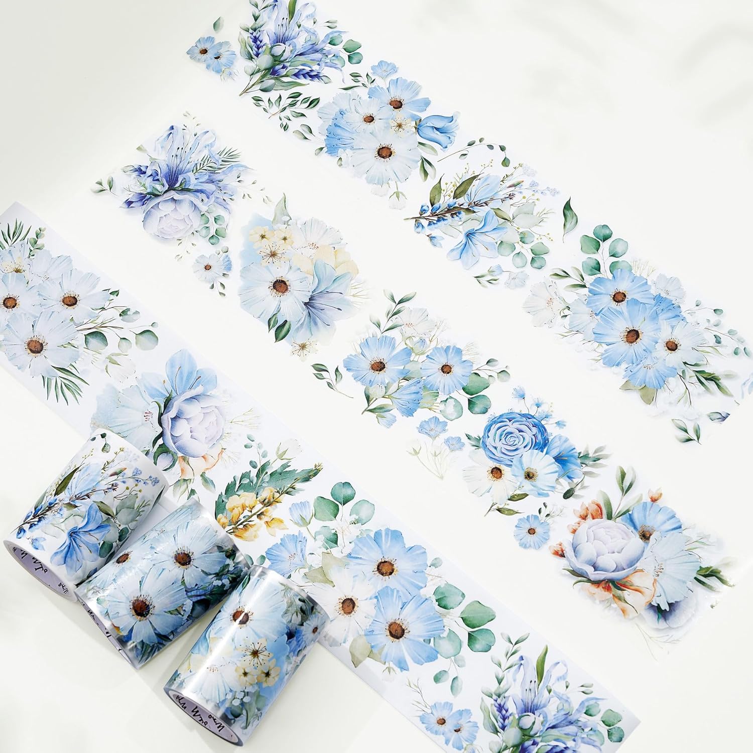 WT Serene Wide Washi Tape, rollo individual, diseños originales, cinta decorativa de flores azules, cuaderno de recortes de diario, suministros de