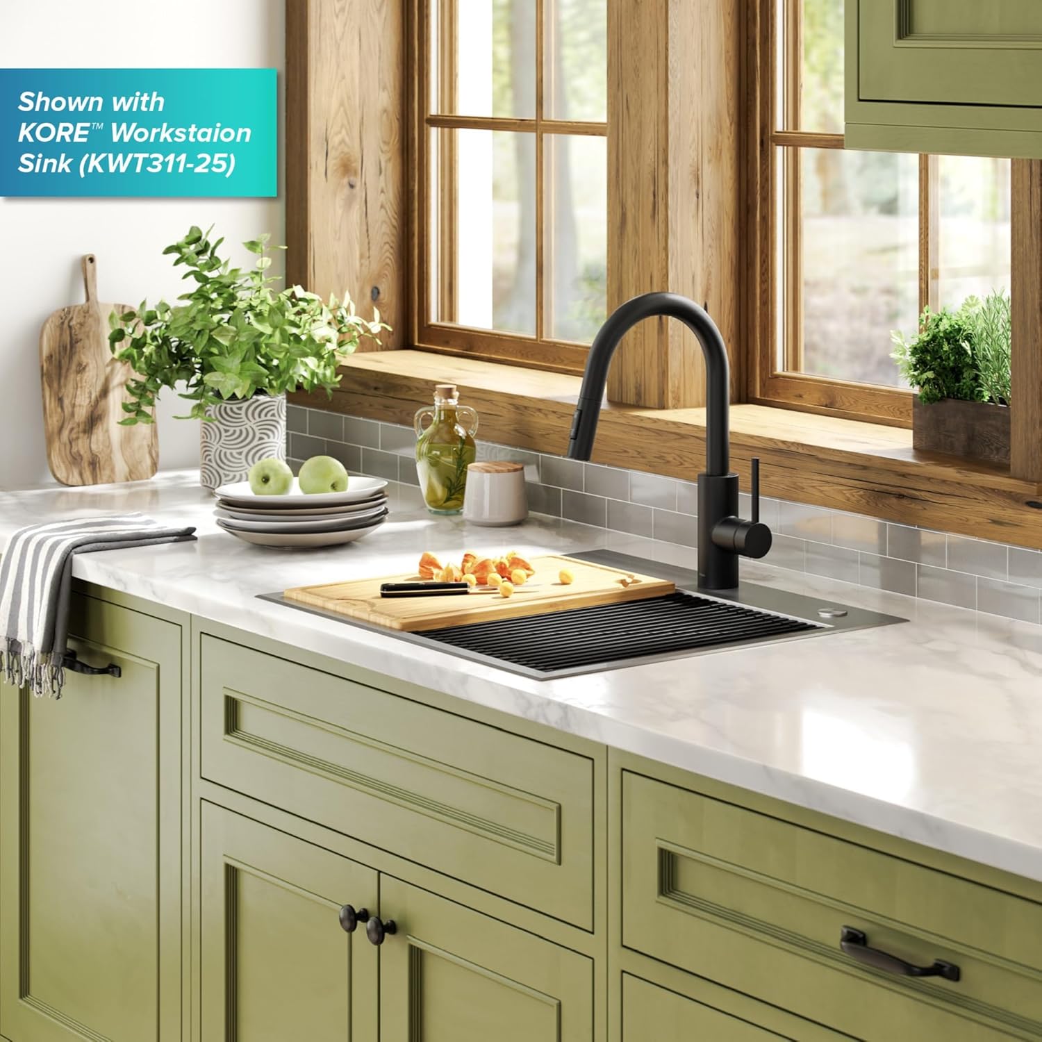 KRAUS Oletto – Grifo de cocina monomando extraíble con instalación de montaje superior QuickDock, en negro mate, KPF-2620MB