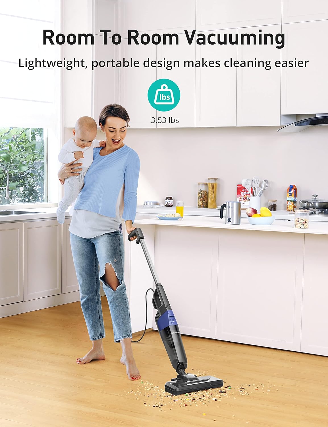 Aspiradora pequeña, aspiradora Aspiron Stick con potente succión de 20 kPa y taza de polvo de 0.88 cuartos de galón y cable de alimentación de 32