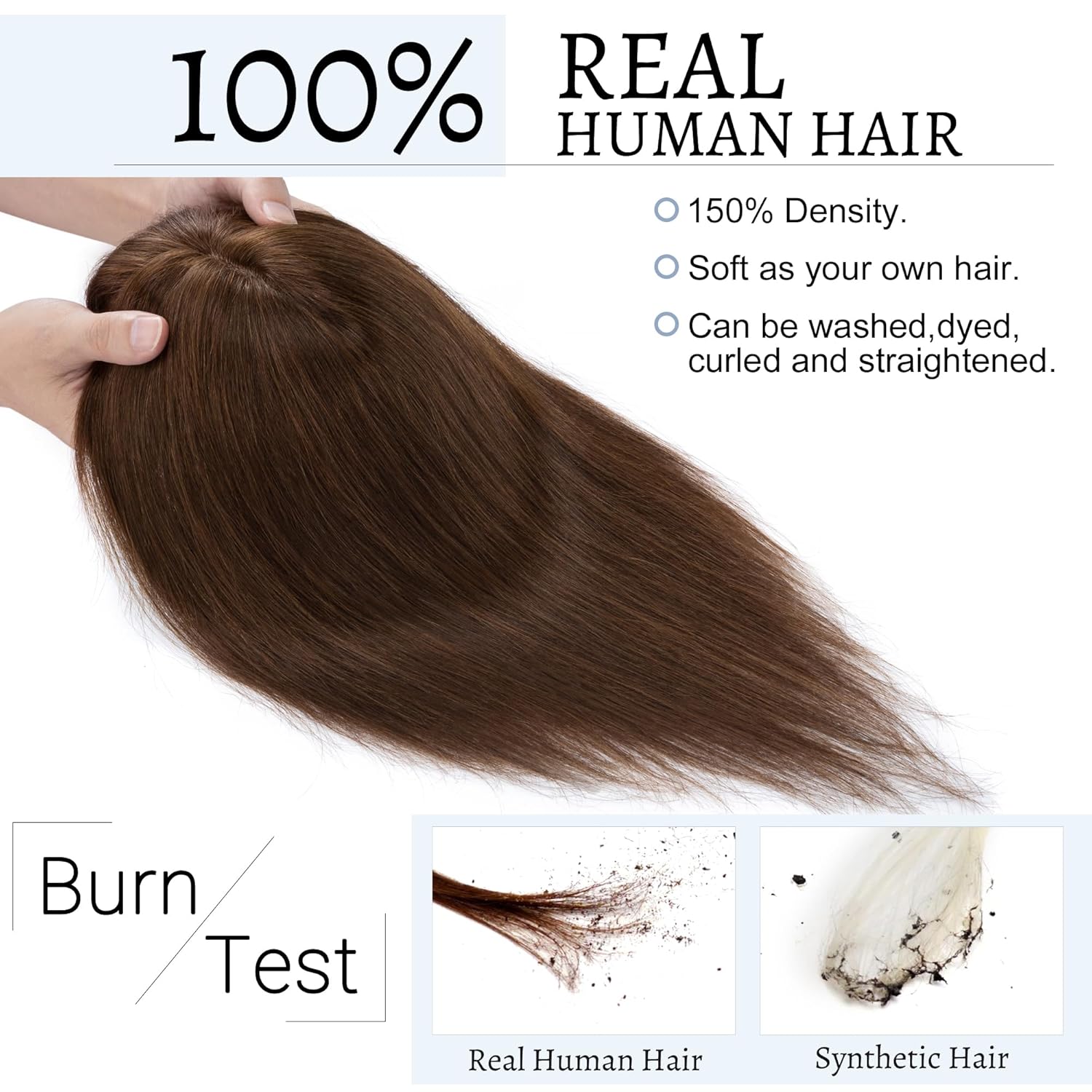 Toppers para el cabello para mujer, cabello humano real con flequillo, 2.8 x 5.1 in, base de seda, clip en la parte superior, pelucas de pelo