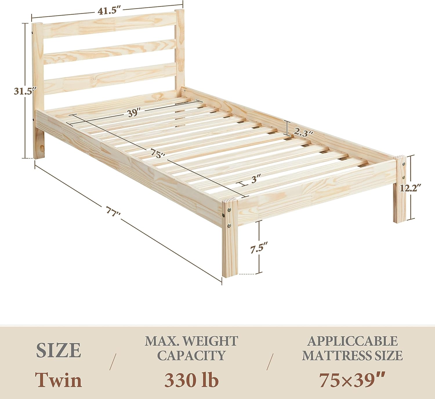 Yaheetech Base de cama individual con plataforma de madera de pino macizo con cabecero con paneles, estilo Wicklow, soporte de listones de madera,