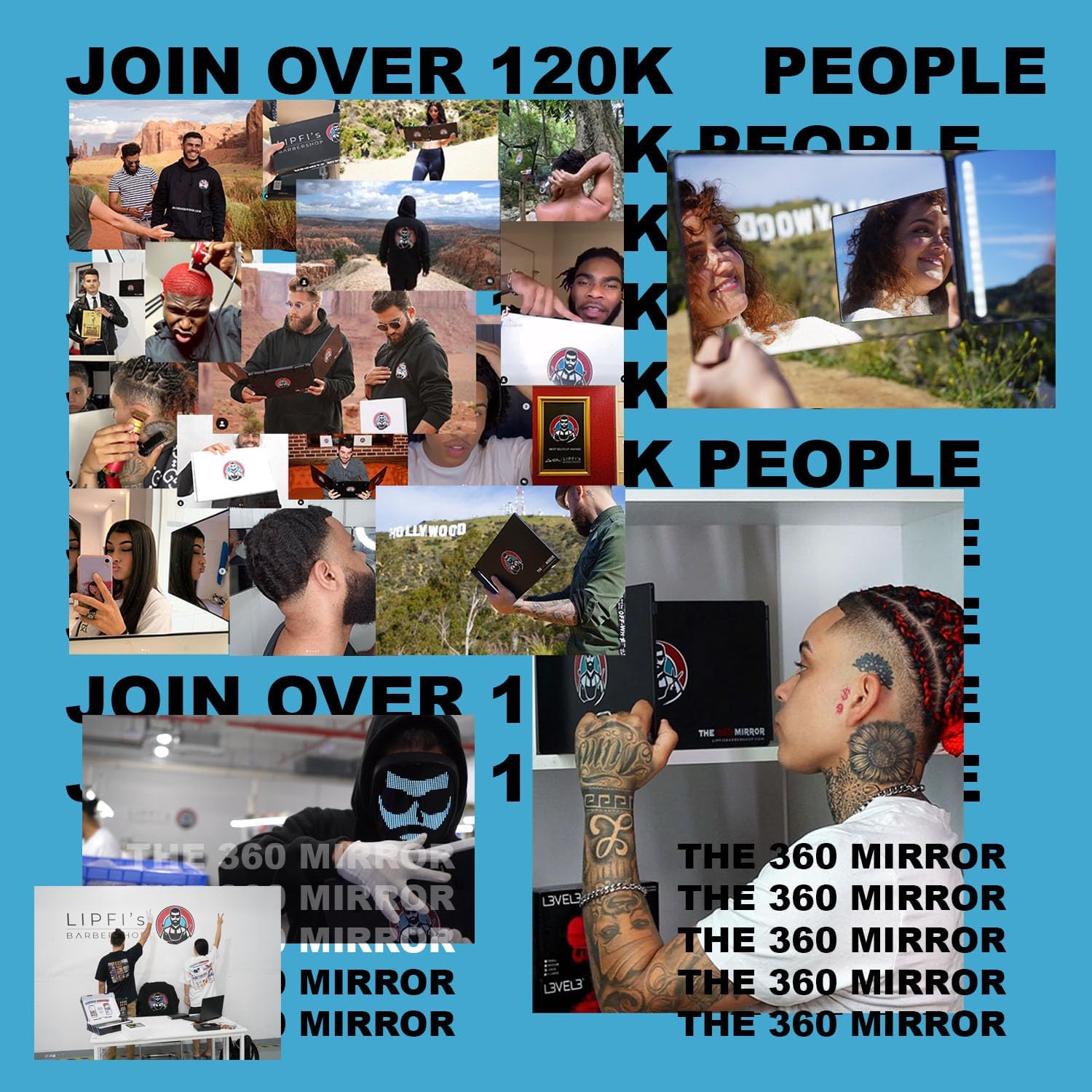 LIPFISBARBERSHOPCOM Espejo de 360 - Espejo de 3 vías para corte de pelo automático con ganchos telescópicos ajustables en altura negro con luces LED - Imagen 8