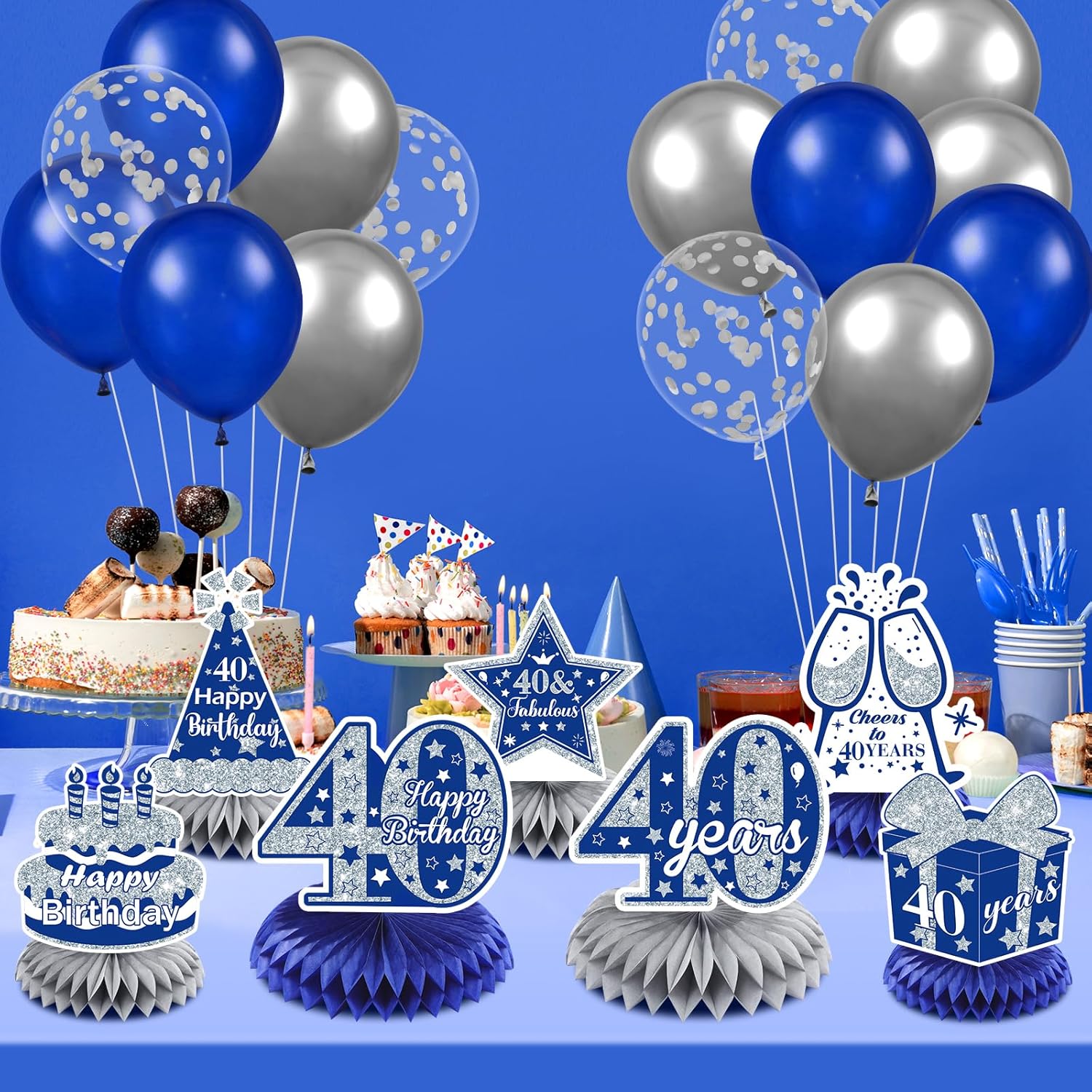 8 piezas de decoración azul para cumpleaños 40, color azul marino y plateado, centros de mesa de nido de abeja para decoración de mesa, decoración