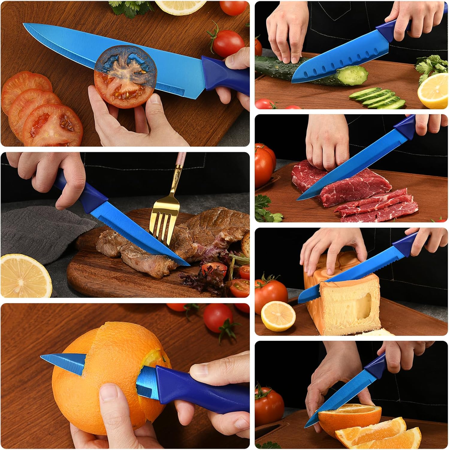 LIFVCNT Juego de cuchillos de cocina profesionales azules de 7 piezas, juego de cuchillos de carne dentados, juego de cuchillos de chef de acero