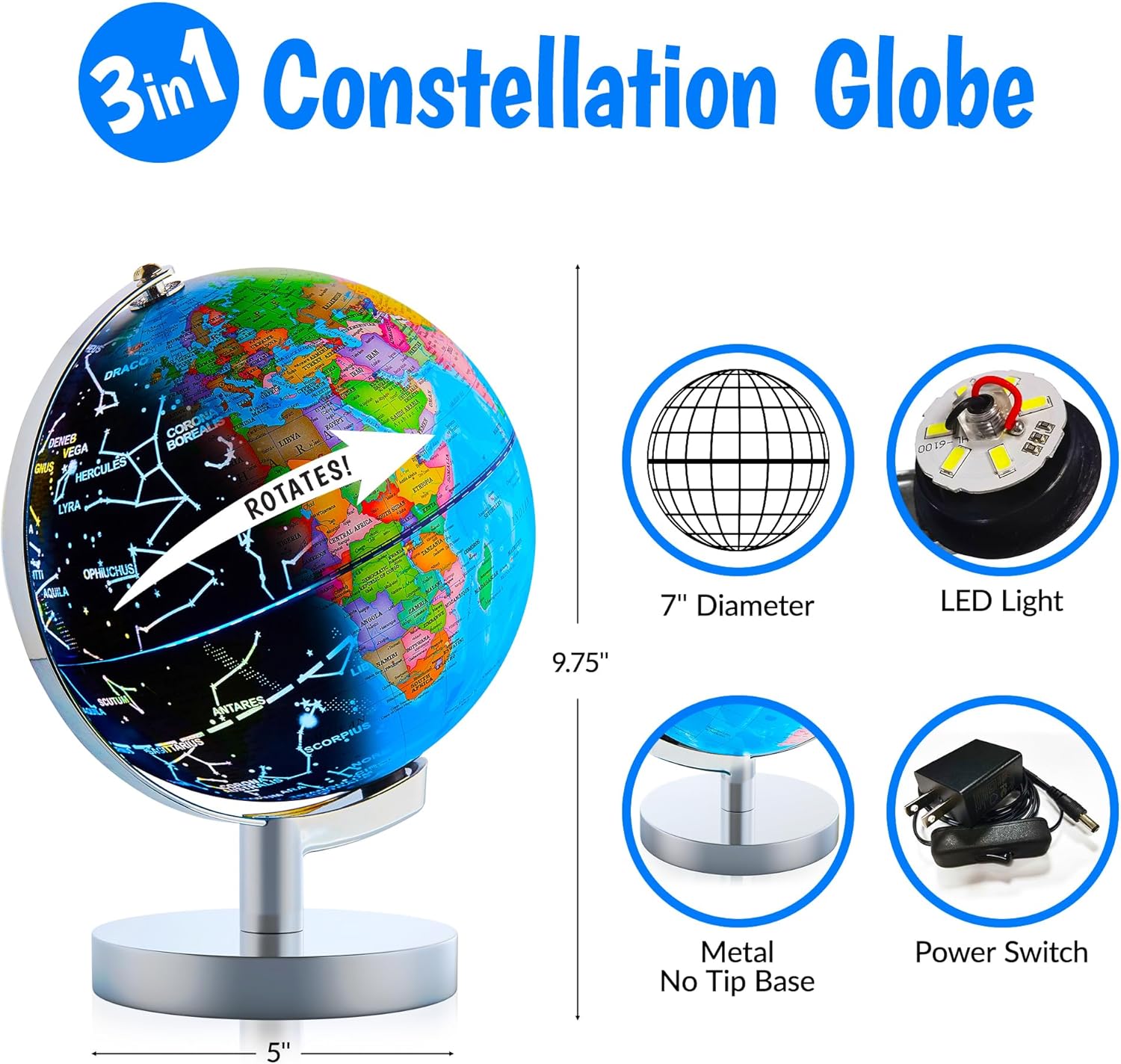 USA Toyz Globo iluminado para el aprendizaje de los niños globos del mundo con soporte 3 en 1 STEM Kids Globe, luz nocturna constelación escritorio