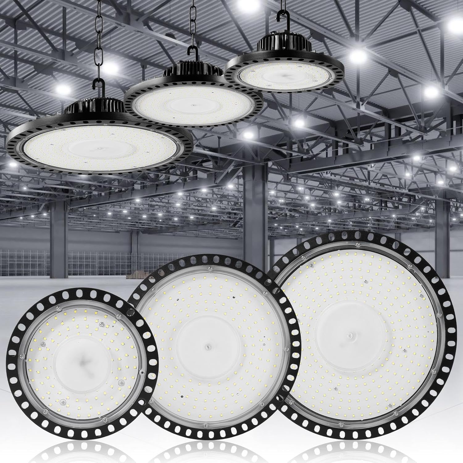 Lightasea 200 W LED de alta bahía luz 2 paquetes 28000LM regulable 5000K IP65 luz LED de alta bahía impermeable, cable de iluminación UFO de 5 pies