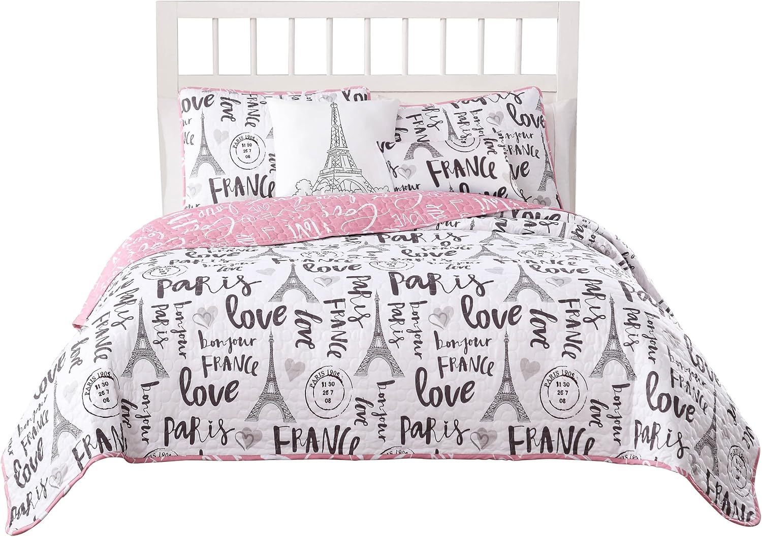 Bonjour, set de 5 unidades de colcha reversible, tamaño queen., RosadoBlancoNegro, King