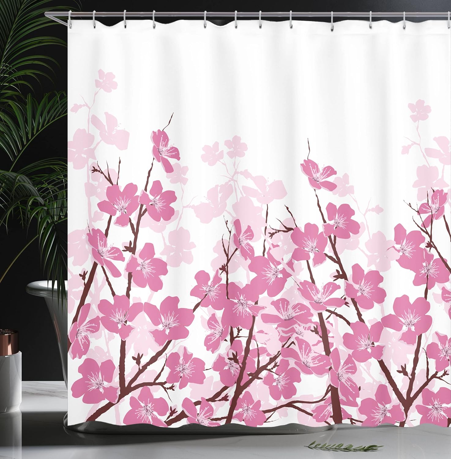 Ambesonne Cortina de ducha asiática, flor de cerezo japonés, Sakura con ramas, ilustración de jardín de flores de primavera, juego de decoración de