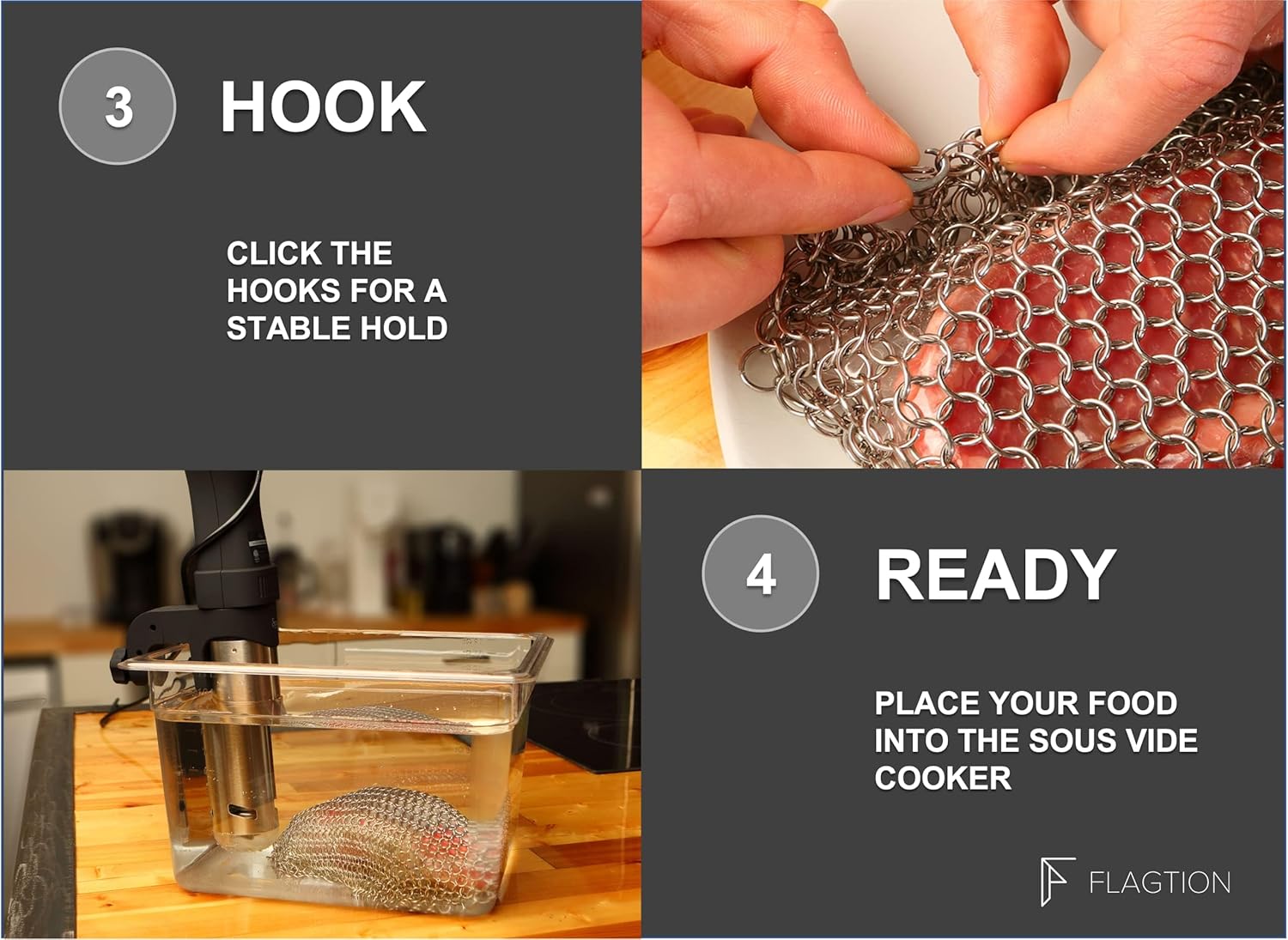 FLAGTION Sous Vide, juego de red de malla de acero inoxidable de grado alimenticio de 1.5 libras y 5 imanes recubiertos de silicona para cocinar al