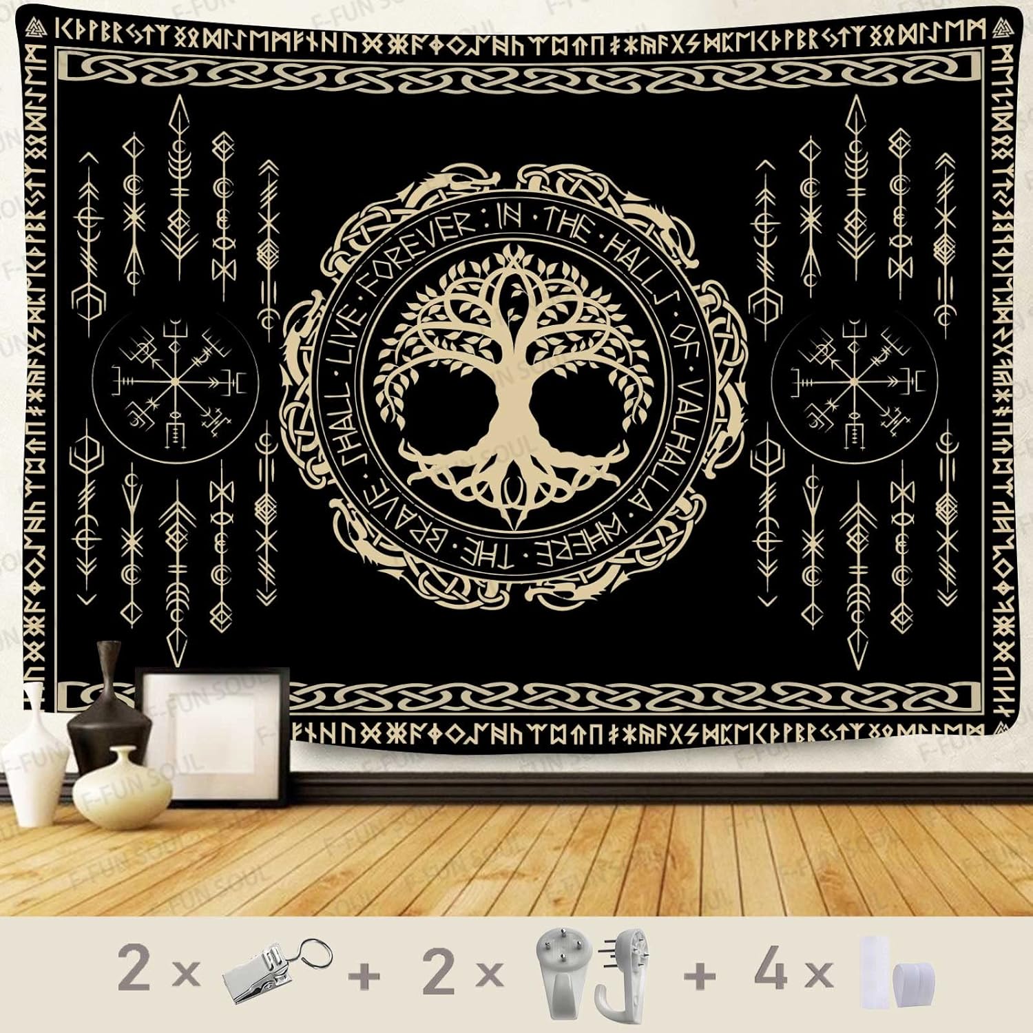 F-FUN SOUL Tapiz de los vikingos nórdicos, franela suave, 40 x 30 pulgadas, árbol de la vida vikingo Yggdrasil, runa celta escandinava, tapiz de