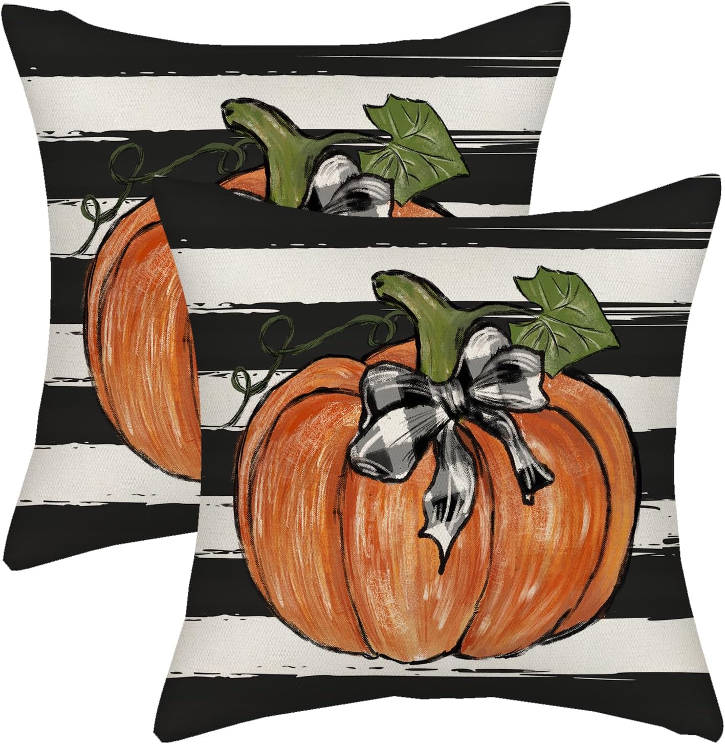 Juego de 2 fundas de almohada de otoño de 16 x 16 pulgadas, diseño de rayas de acuarela negra, decoración de calabaza, para sofá, cosecha de otoño,