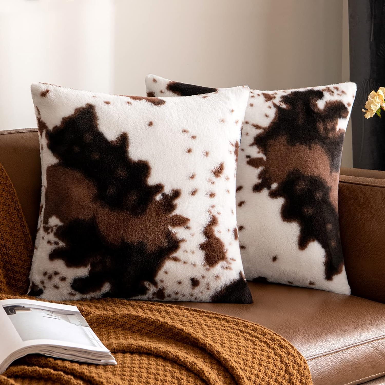 Woaboy Paquete de 2 fundas de almohada de piel sintética de lujo de piel de vacuno decorativas suaves y esponjosas para sofá, sala de estar, sofá,