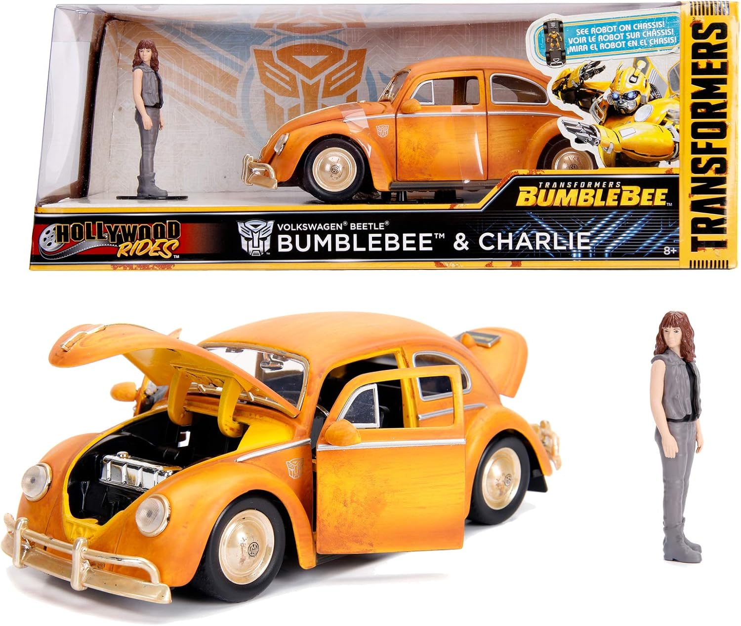 Jada Toys 253115000 Transformers Bumblebee VW Beetle Coche de juguete de fundido, puertas abiertas, bota y capó, figura de Charlie, escala 124,