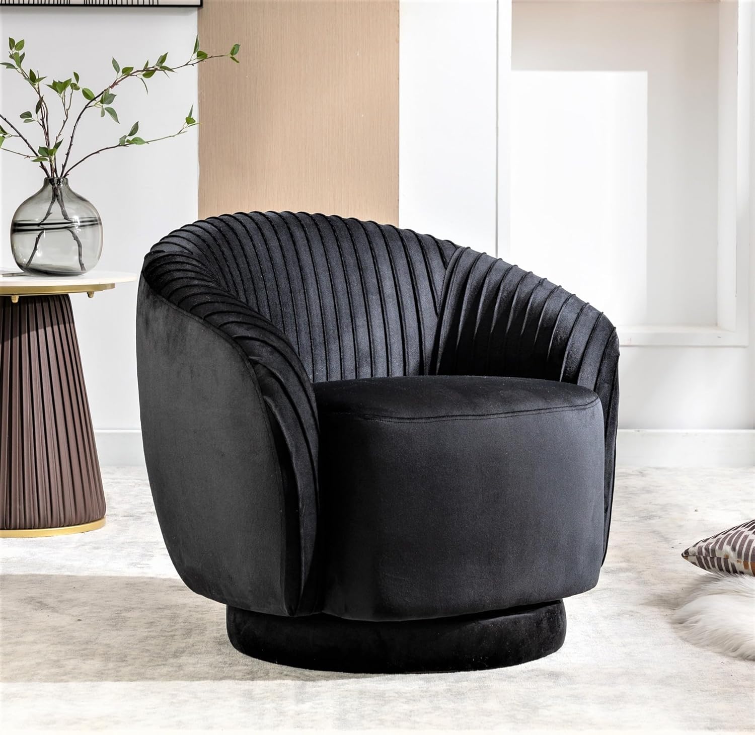 Modern Barrel – Silla giratoria con tapicería de terciopelo de felpa y rotación suave de 360, sofá de un asiento redondo para sala de estar,