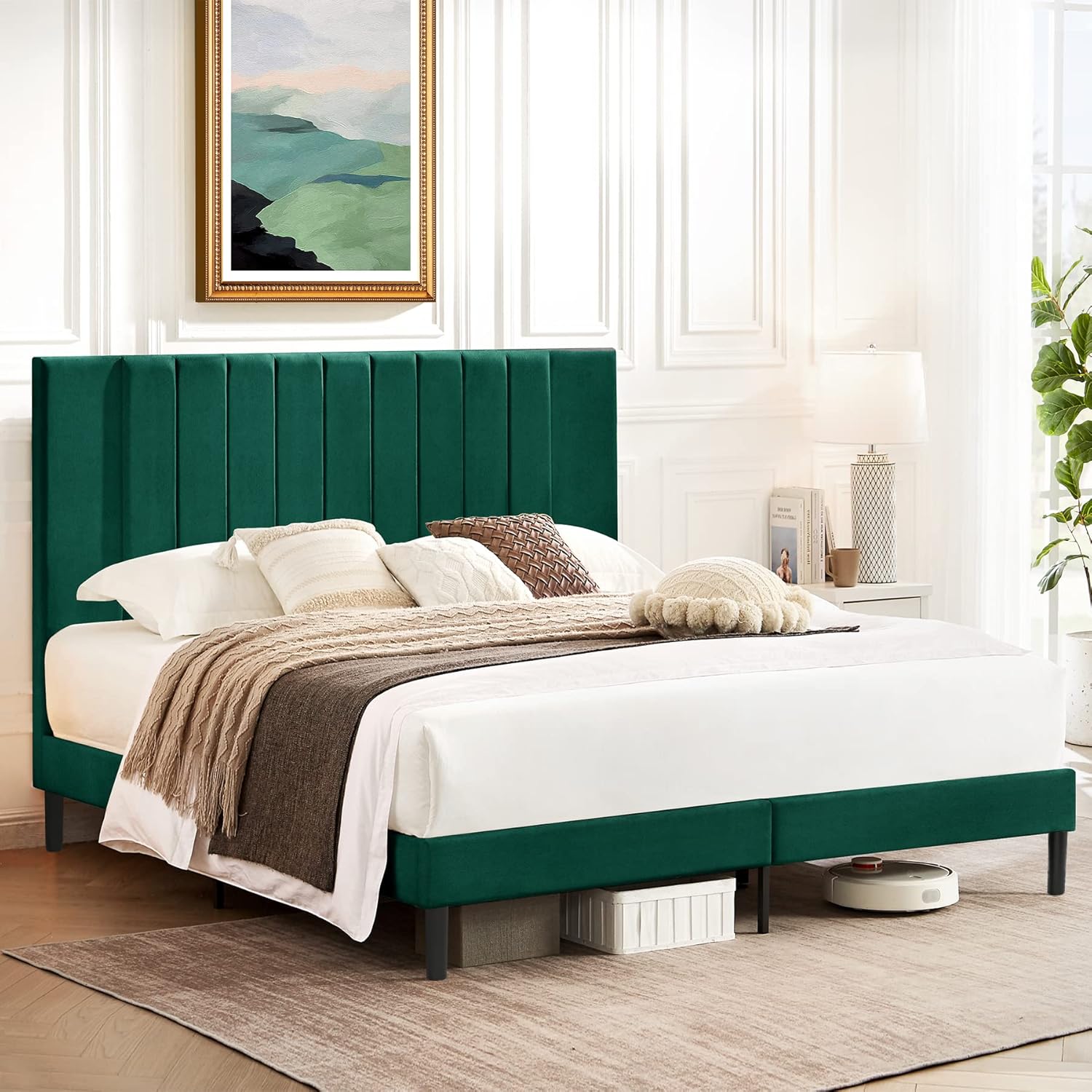 Flolinda Base de cama de plataforma tamaño King con cabecera tapizada de terciopelo y soporte de listones de madera, base de colchón totalmente