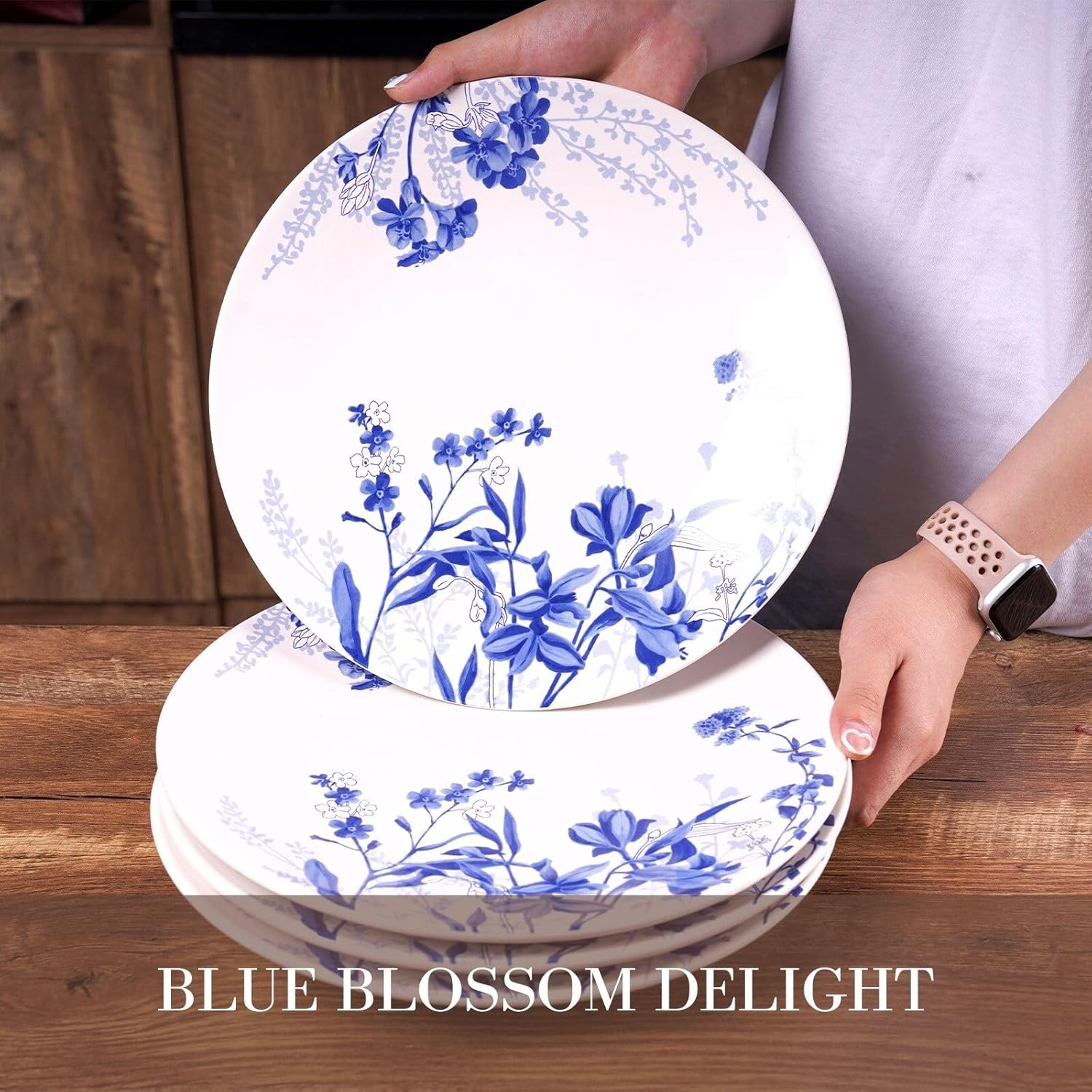 Sonemone Blue Flower – Platos llanos de cerámica de 11 pulgadas, juego de 4 platos grandes para cocina, cena, ensalada, microondas y lavavajillas,