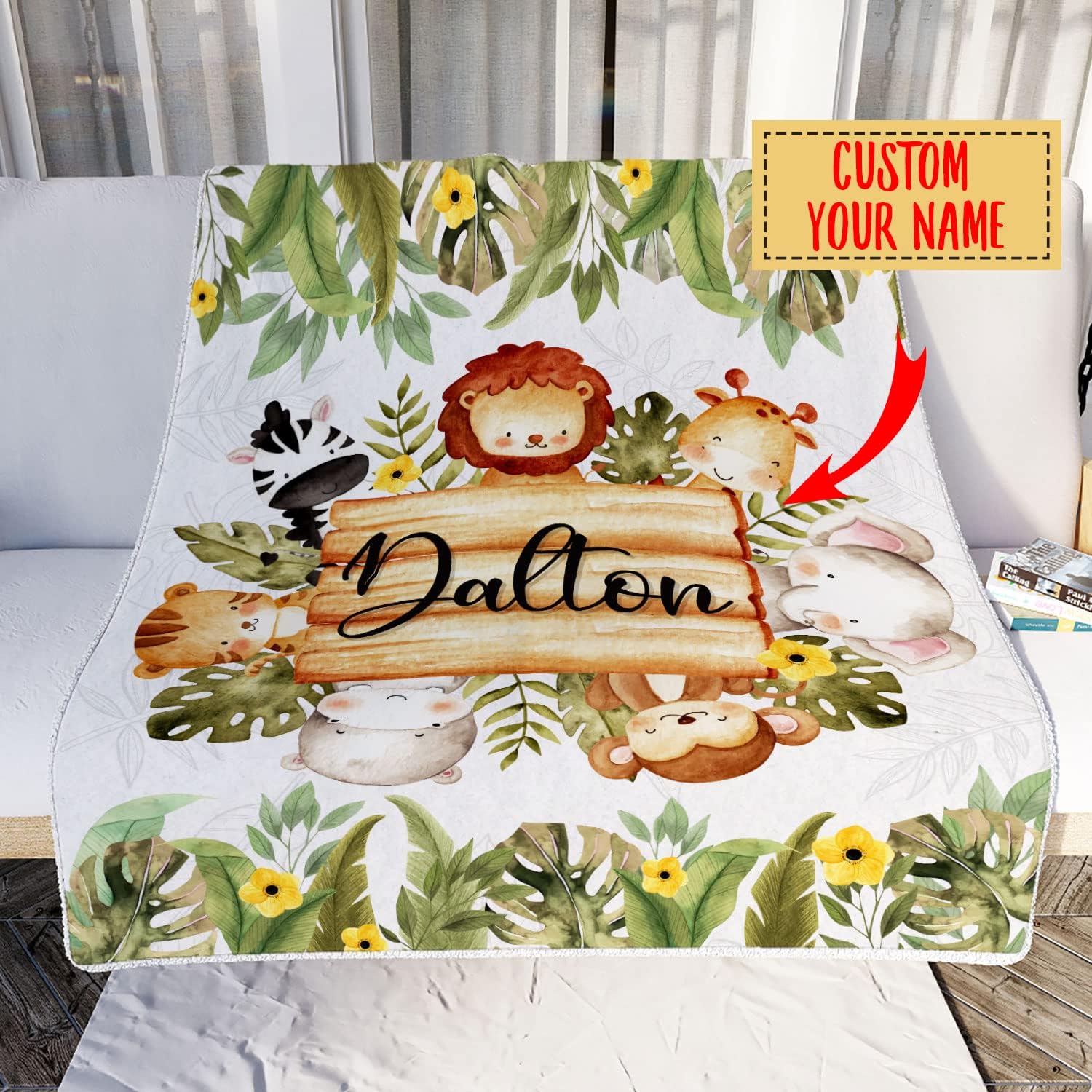 Manta personalizada con nombre, manta de safari personalizada de animales de la selva, regalo para recién nacidos, niños, niñas, niños, nieto,
