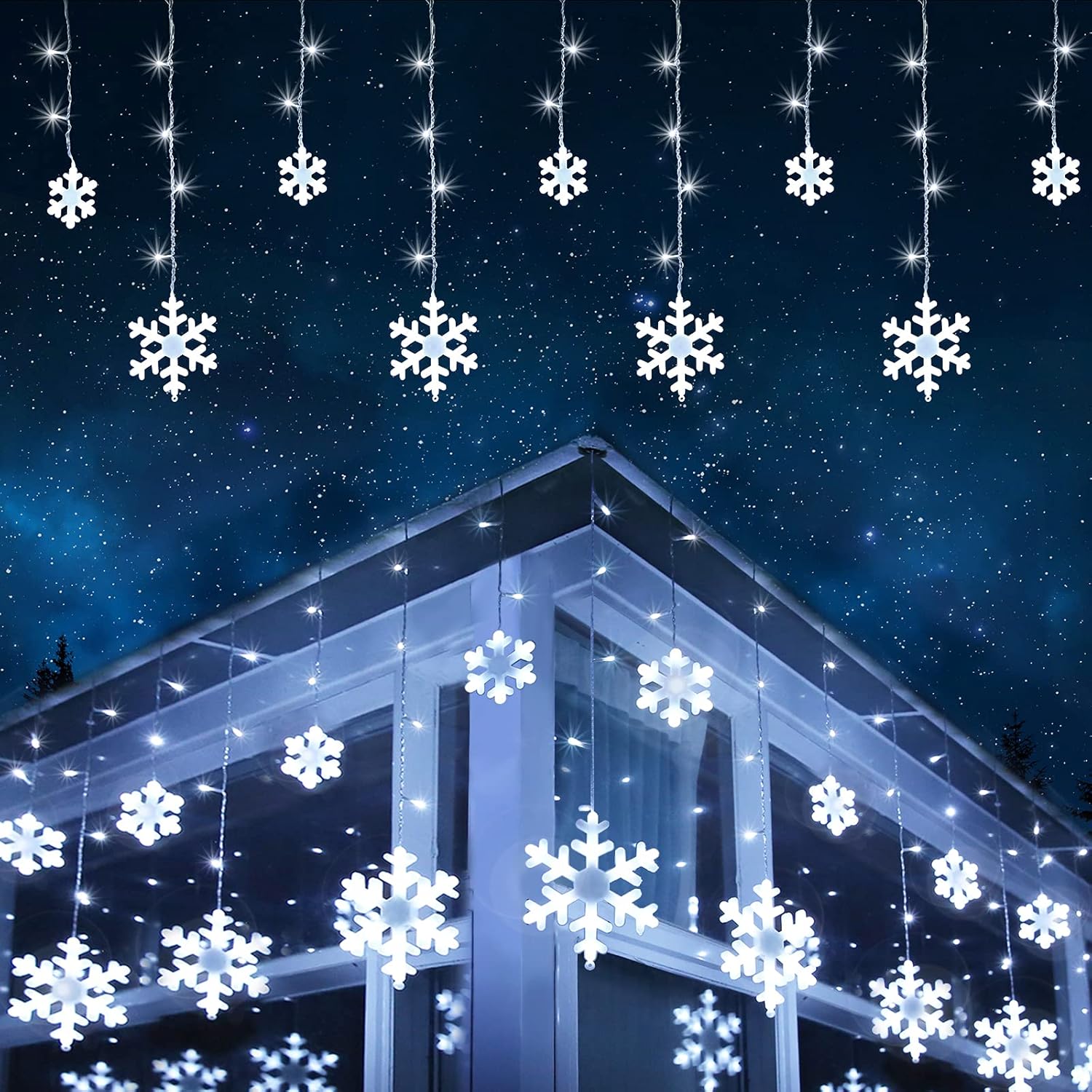 Luces de copo de nieve de Navidad para exteriores, 17.22 pies, 264 luces LED de carámbano de copo de nieve con 22 gotas, 8 modos conectables, luz de