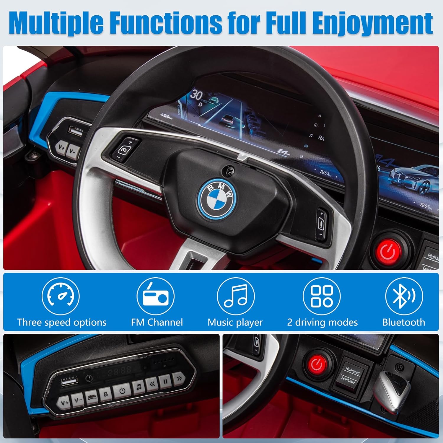 SEGMART Auto eléctrico I4 de 12 V con licencia para niños con control remoto, vehículos eléctricos de 3 velocidades con sistema de suspensión, luz