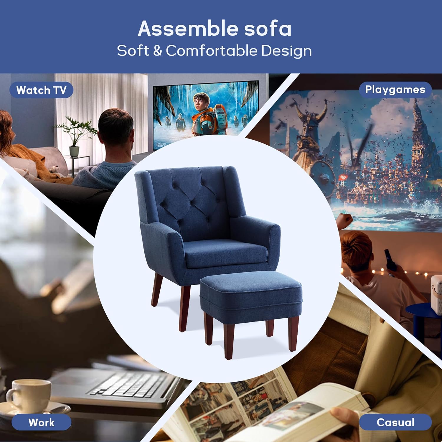 HUIMO Silla decorativa con otomana, sillón tapizado con botones, sofá de tela de lino, silla de lectura para sala de estar, silla para dormitorio,