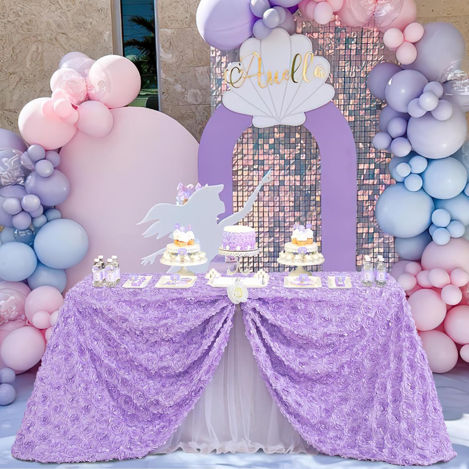 Mantel rectangular con diseño de rosetas 3D de satén para decoración de boda