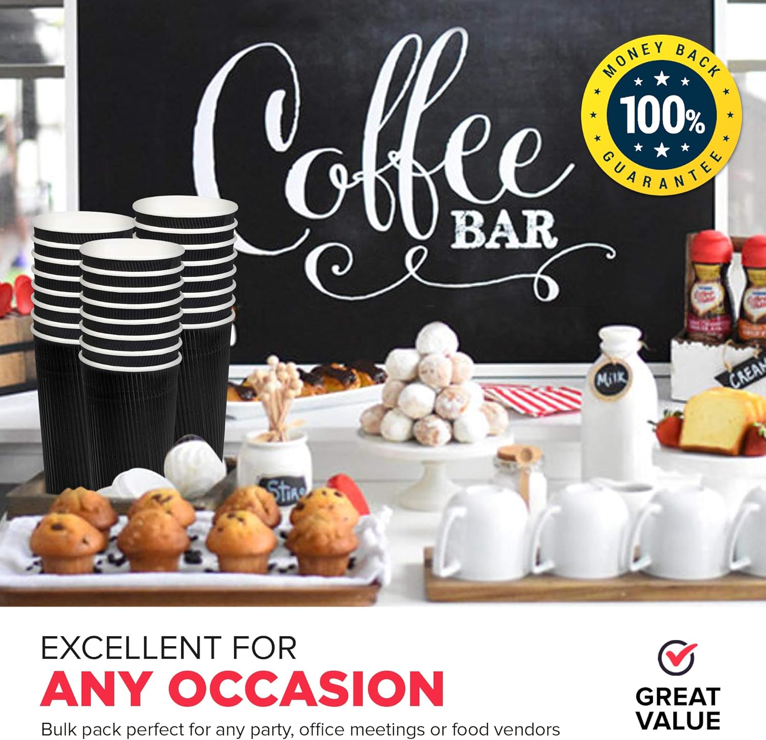 Paquete de 50 Vasos calientes desechables  20 onzas negras de doble pared aisladas mangas onduladas para llevar tazas de café  Vasos de bebidas