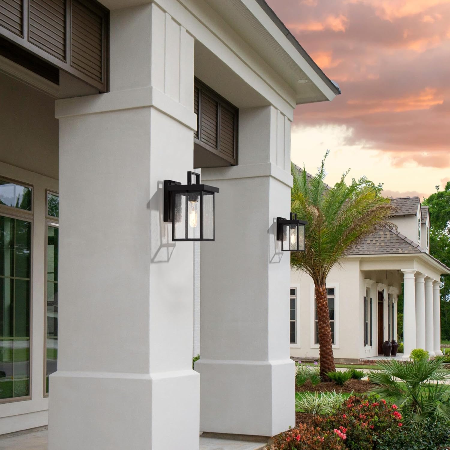 Durent Lighting Luces de pared negras para exteriores, apliques de pared exterior con vidrio semillado, faroles impermeables y antioxidantes para