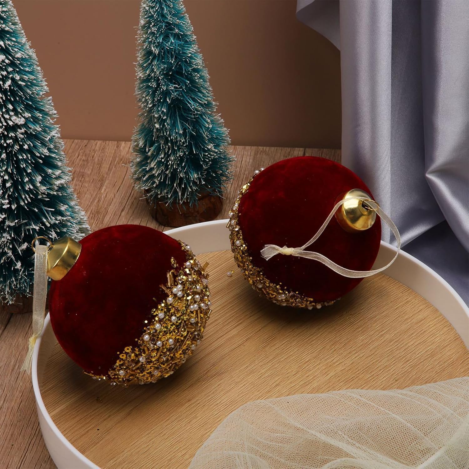 Bolas de Navidad rojas de 3 pulgadas, bolas colgantes para árbol de Navidad de terciopelo rojo, bolas de espuma de lentejuelas con purpurina