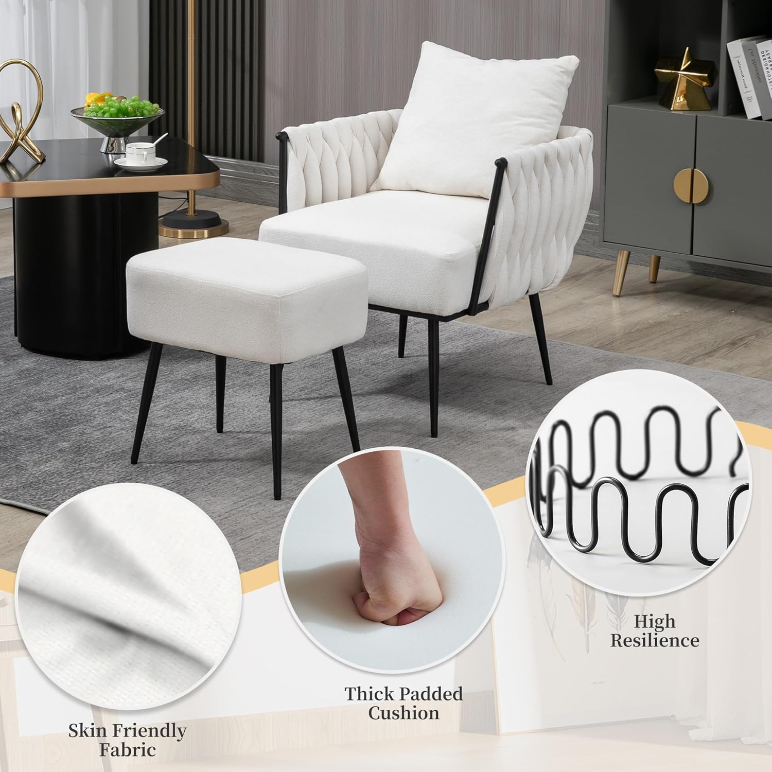 Silla de barril con acento copetudo, silla moderna con otomana de almacenamiento, sillón acolchado suave con marco de metal para sala de estar,