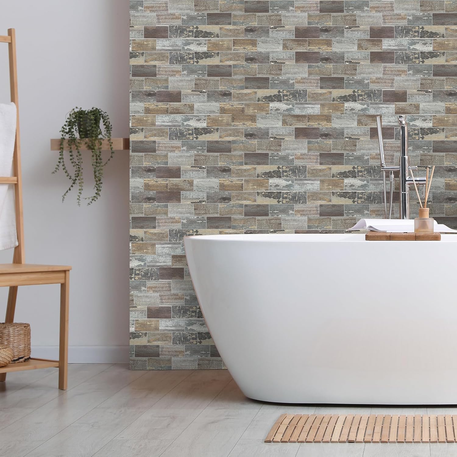 Yipscazo 10 hojas para despegar y pegar para azulejos de cocina, madera rústica para salpicaduras de baño, chimenea, lavandería, azulejos de pared