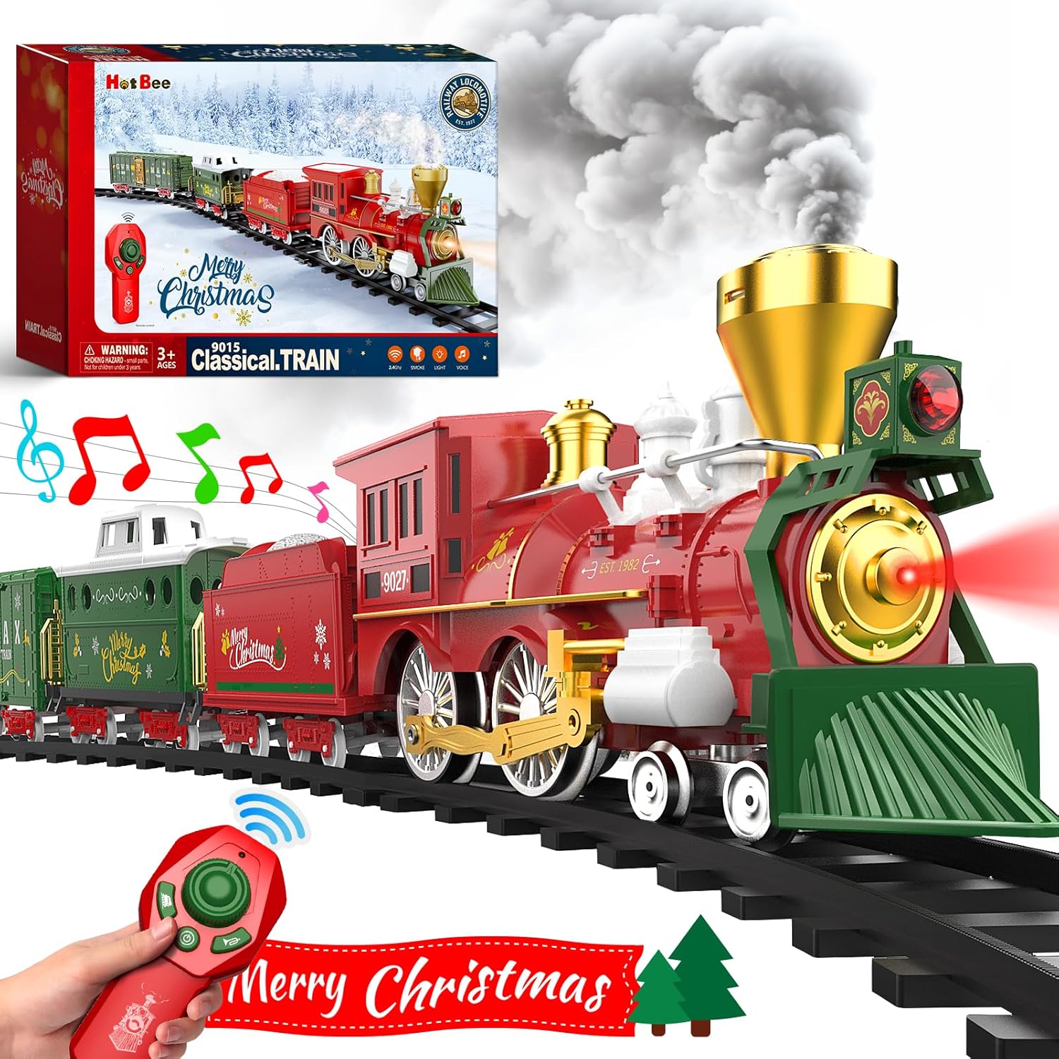Hot Bee Juego de tren de Navidad, tren de control remoto para juguetes de tren de árbol de Navidad con humo realista, luces y sonidos, tren de