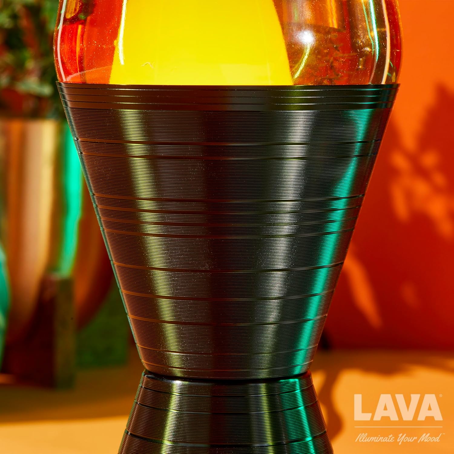 LAVA Lámpara de 14.5” Disco de vinilo con base ranurada – La luz de movimiento original – Cera amarilla y líquido naranja – 2017
