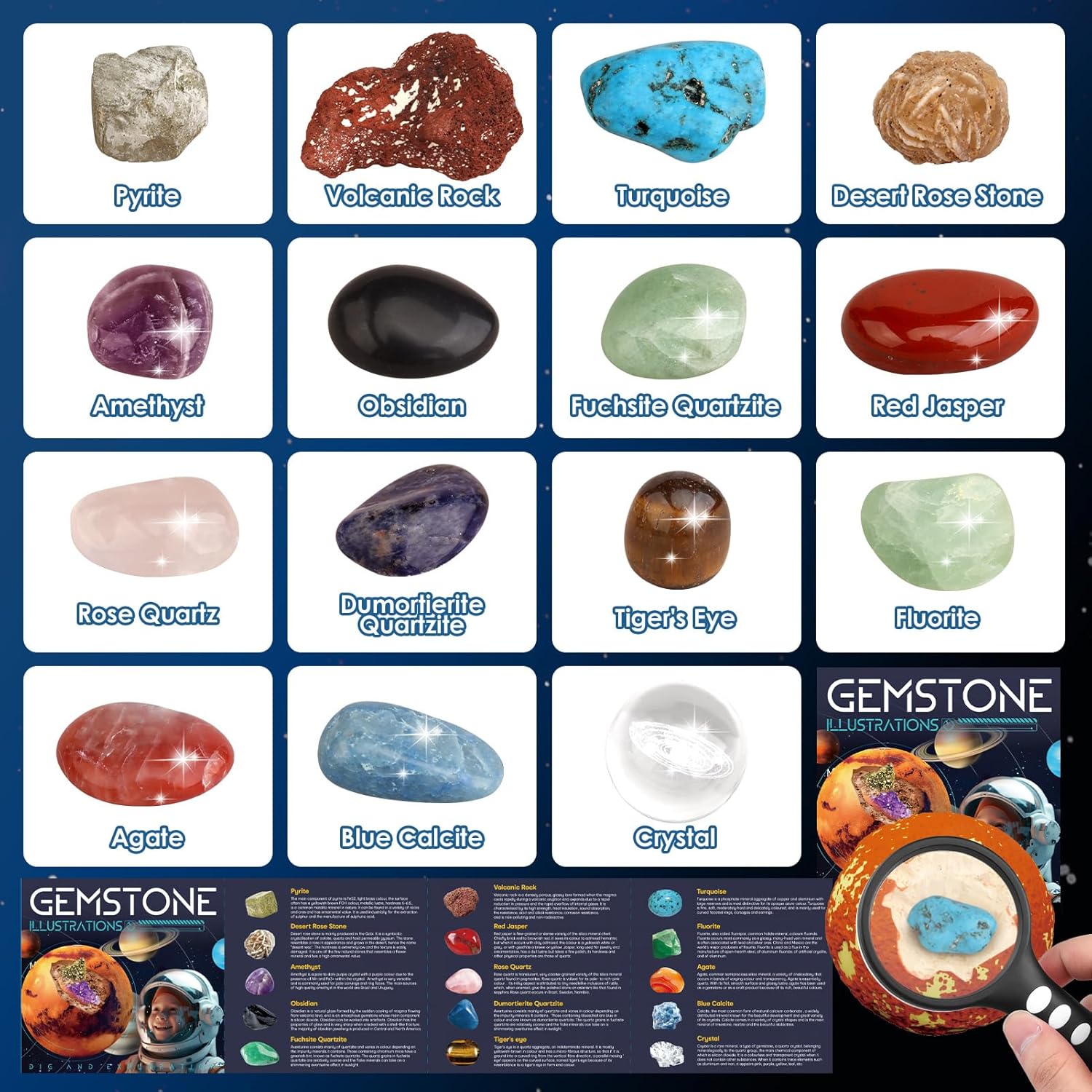 Woumserta Kit de excavación de piedras preciosas, juguetes espaciales del sistema solar excavan 15 gemas de 10 planetas, kits de ciencia para niños