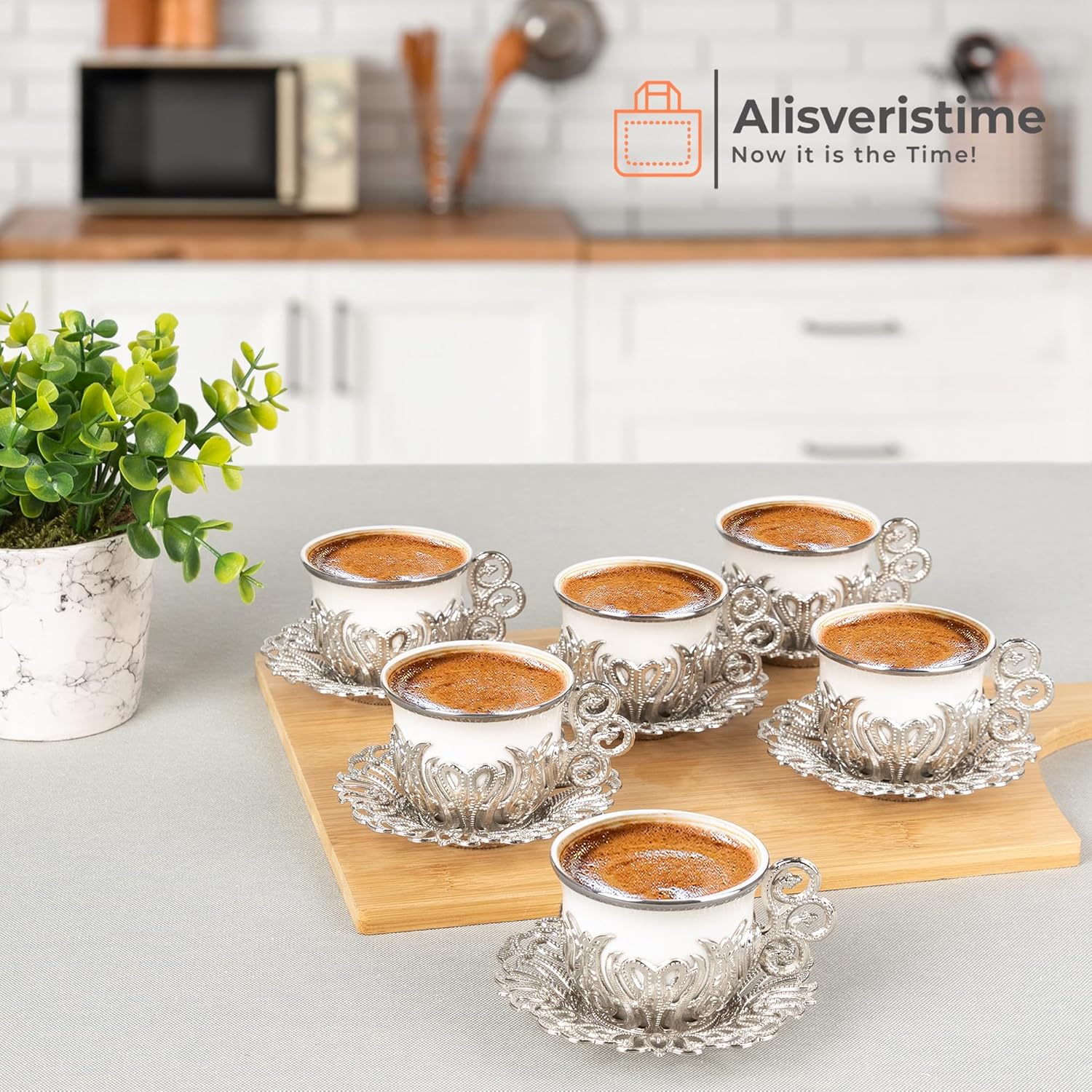 Alisveristime Juego de tazas de café turco, porcelana blanca y metal de zinc con motivos turcos, 6 tazas y platillos (plateado)