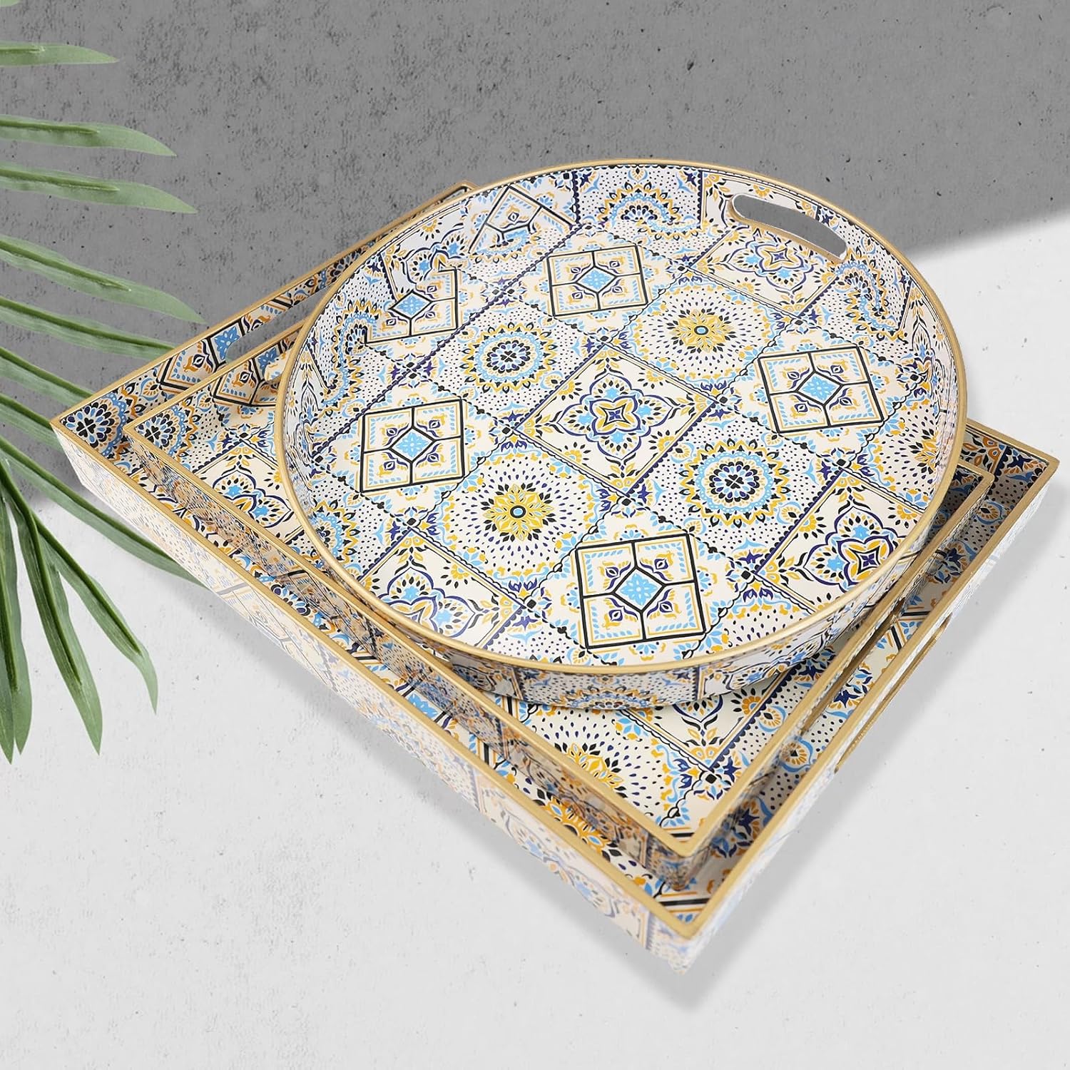 Bandejas redondas de plástico decorativas bohemias de 13 pulgadas con asas para sala de estar, mesa de café, otomana, baño, cocina