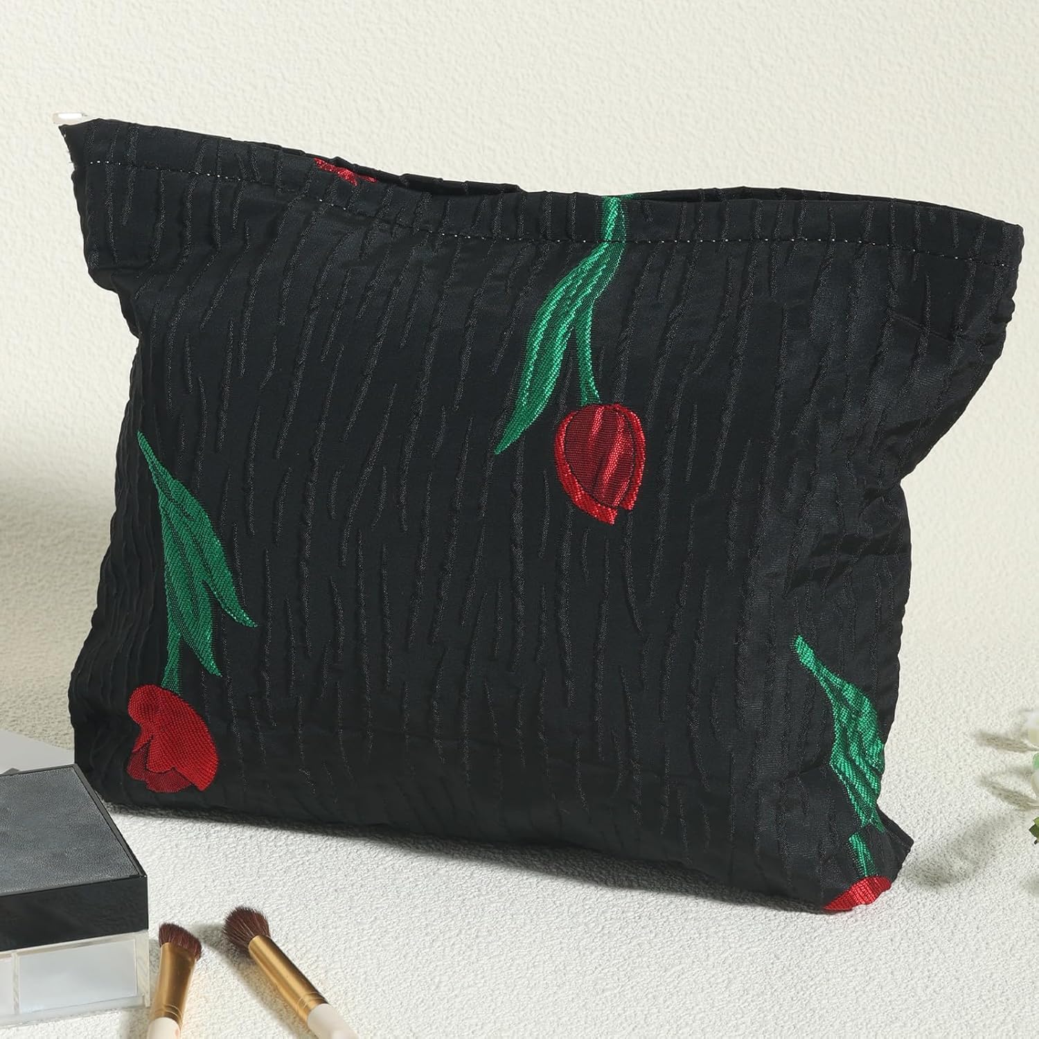 LYDZTION Bolsa de maquillaje de tulipán negro para mujeres, bolsa de maquillaje de lona de gran capacidad, bolsa de aseo de viaje, organizador de