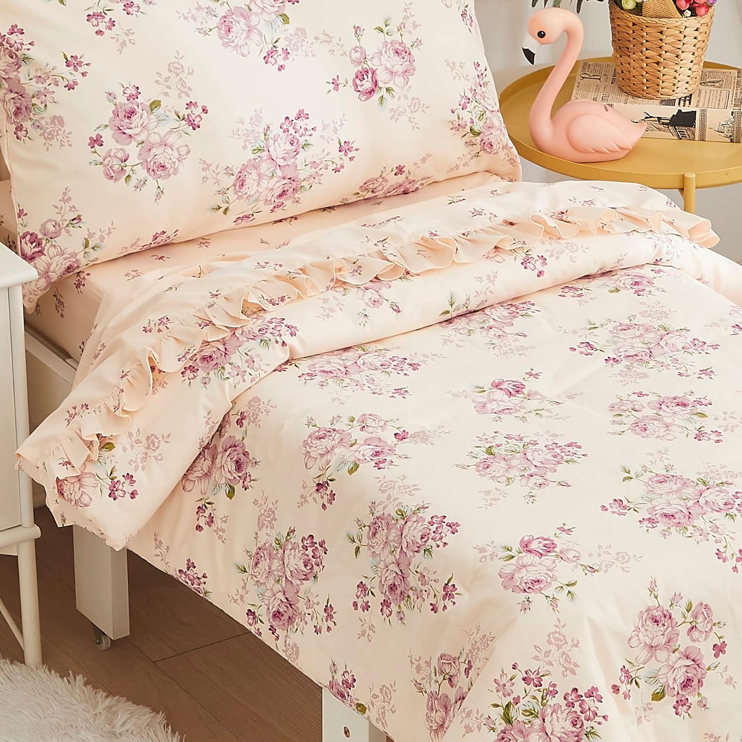 Brandream Juego de ropa de cama para niñas pequeñas, juego de sábanas de 4 piezas en una bolsa, ropa de cama de princesa para niños con sábana