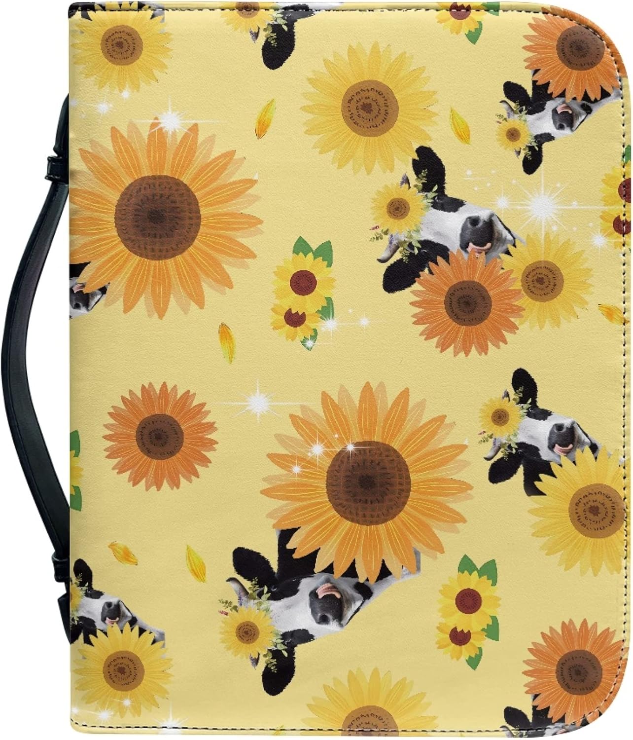 Funda de piel con diseño de vaca y girasol para la Biblia, funda de cuero para la Biblia, bolsa de transporte con bolsillos con cremallera, asa para