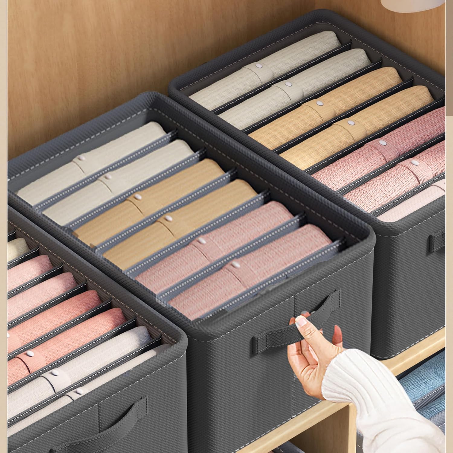 FixtureDisplays Organizador de armario para armario, papelera de almacenamiento de tela con 7 ranuras, color gris oscuro, divisores de cajones