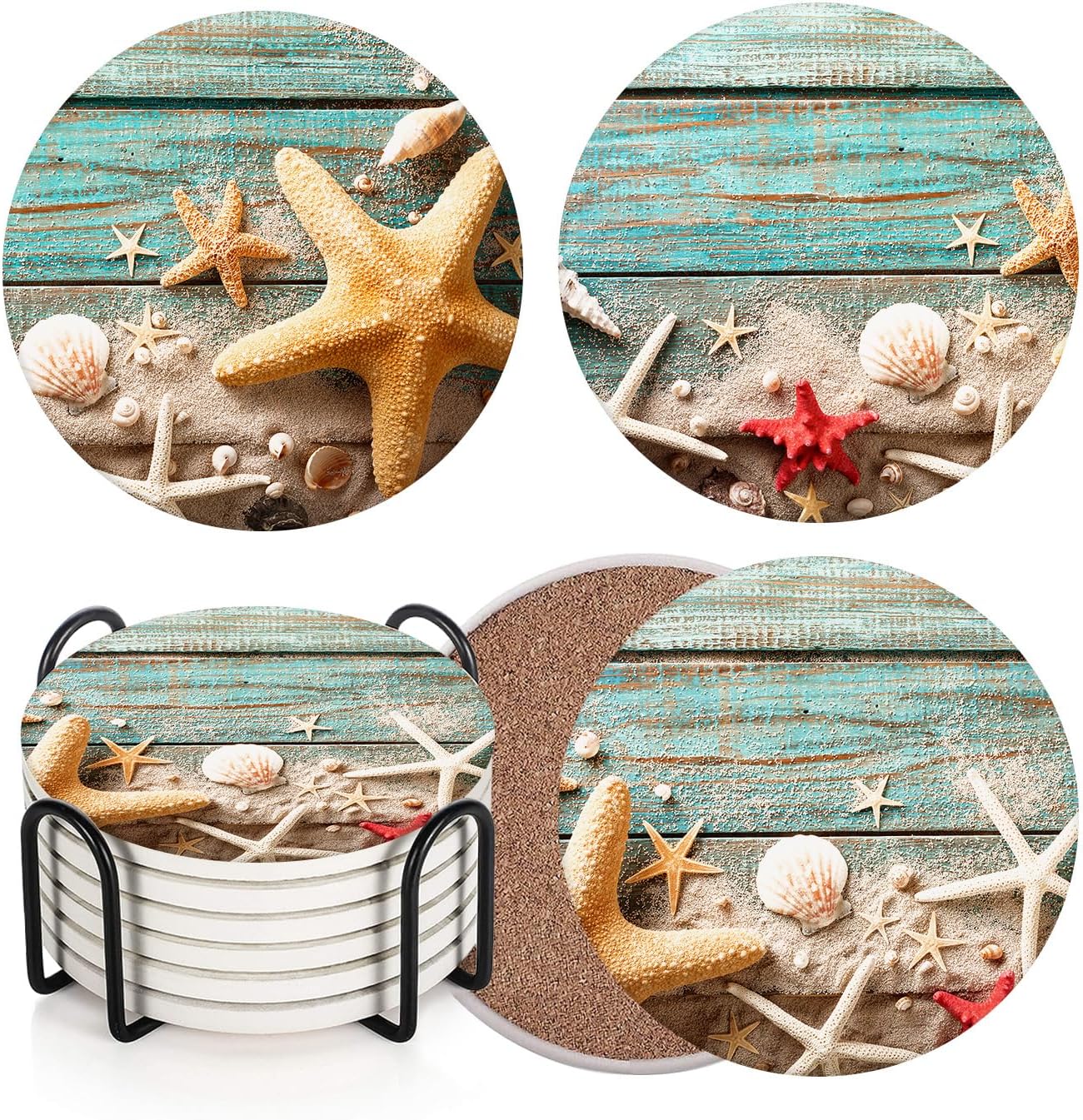 Bribay Juego de 6 posavasos para bebidas, diseño de estrellas de mar y conchas de mar, color azul playa, absorbente, con base de corcho y soporte de