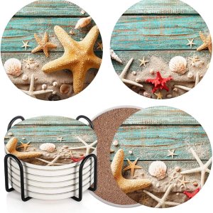 Bribay Juego de 6 posavasos para bebidas, diseño de estrellas de mar y conchas de mar, color azul playa, absorbente, con base de corcho y soporte de Bribay Juego de 6 posavasos para bebidas, diseño de estrellas de mar y conchas de mar, color azul playa, absorbente, con base de corcho y soporte de