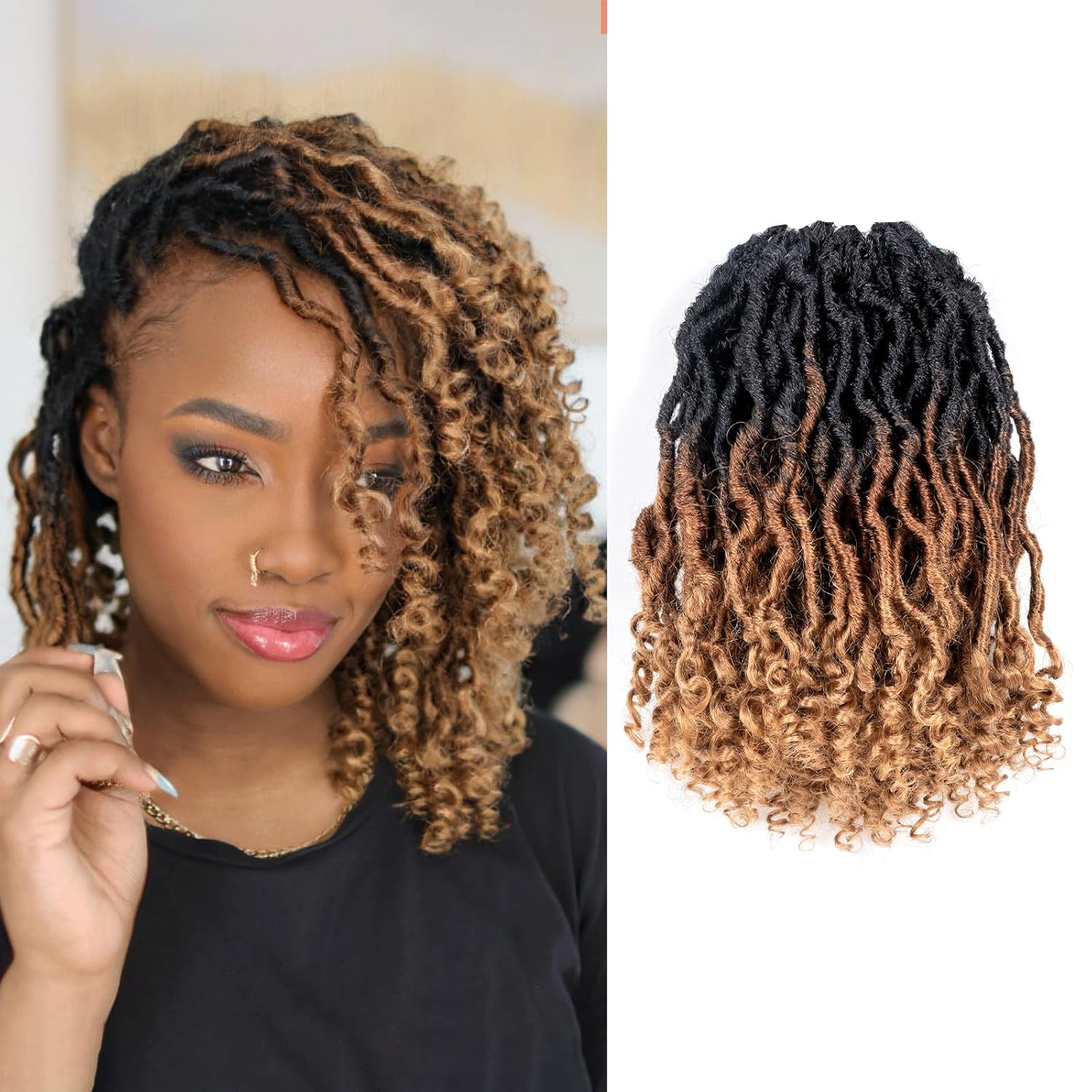 Toyotress Passion Locs – Cabello de ganchillo de 14 pulgadas, 8 paquetes de cabello sintético ombré marrón rubio con extremos rizados, extensiones