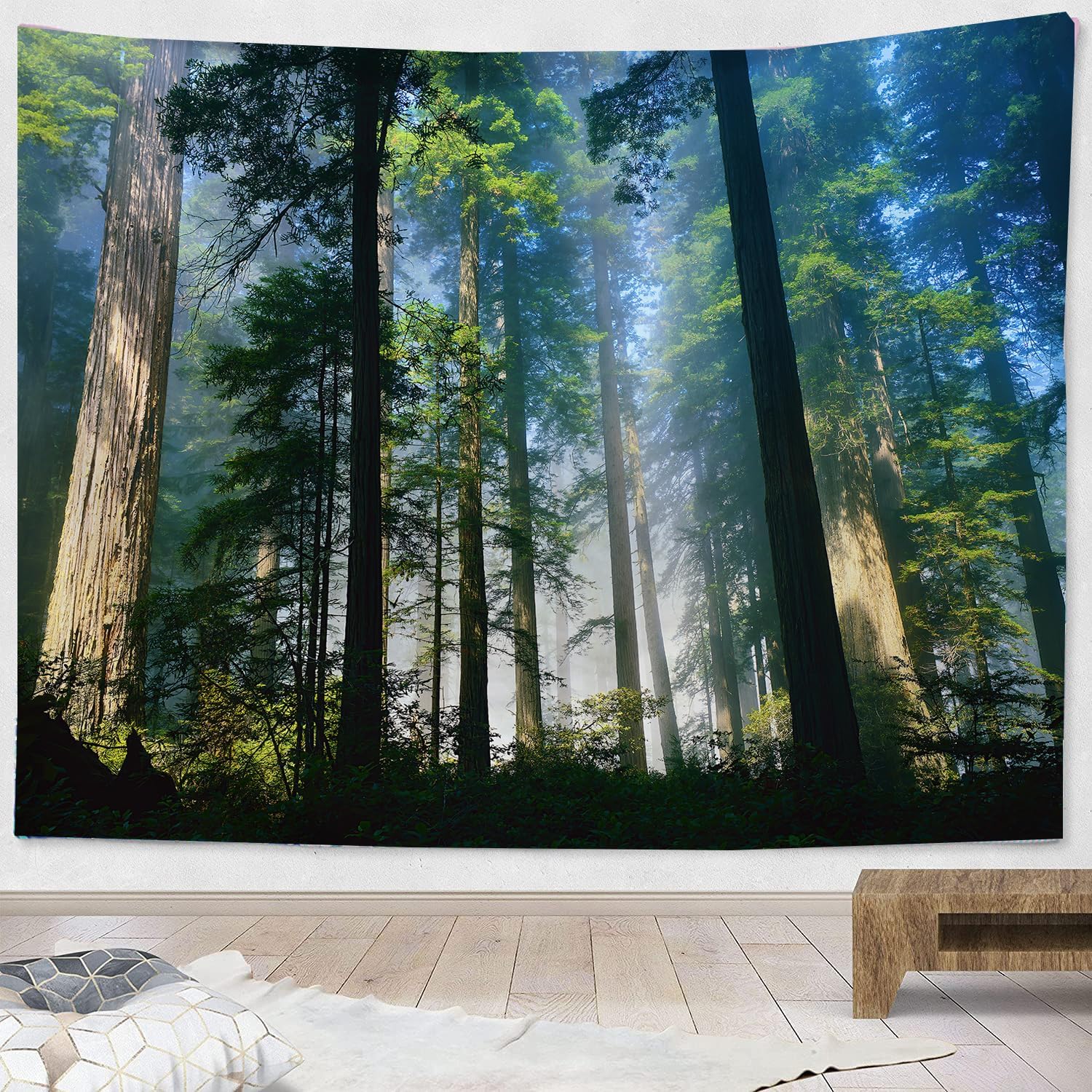 FENDROM Tapiz de paisaje de la naturaleza del bosque, tapiz de sol a través del árbol, tapices para colgar en la pared, luz del sol, paisaje de