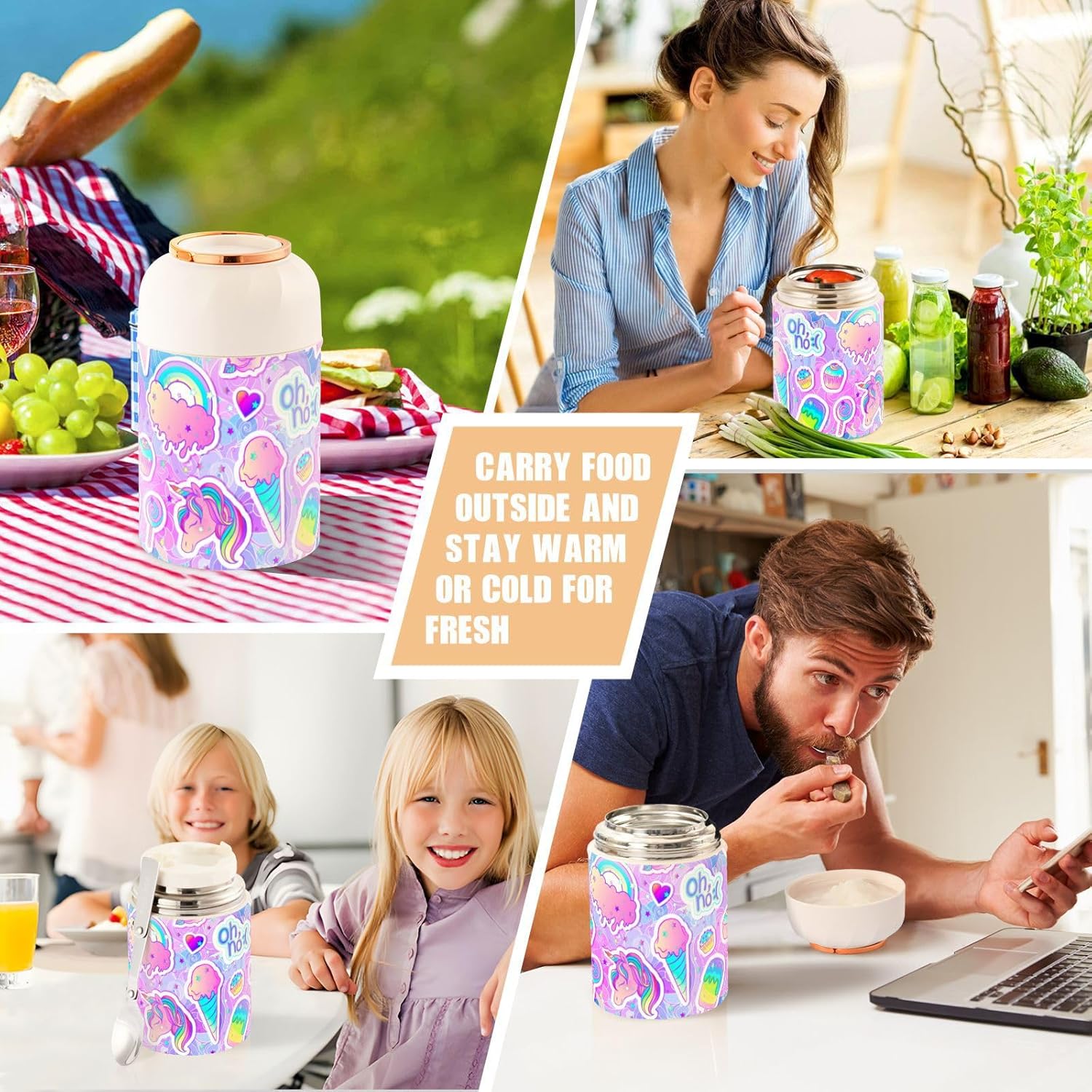 Coloridos unicornios dulces arco iris niños mujeres almuerzo tarro aislado con cuchara 17 oz16.9 fl oz contenedores de acero inoxidable calentador