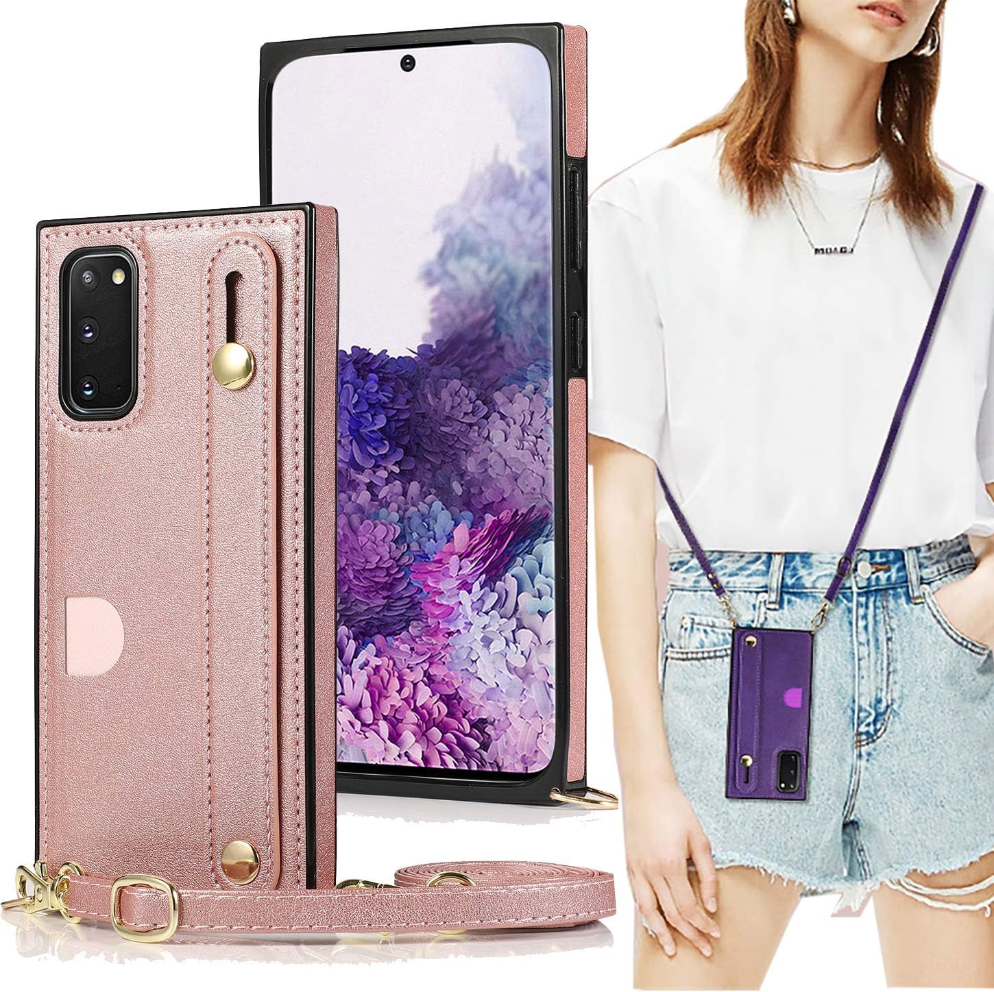Funda tipo cartera para Samsung Galaxy Note 20, correa de piel ajustable extraíble para tarjetas cruzadas, correa para el cuello, correa para el